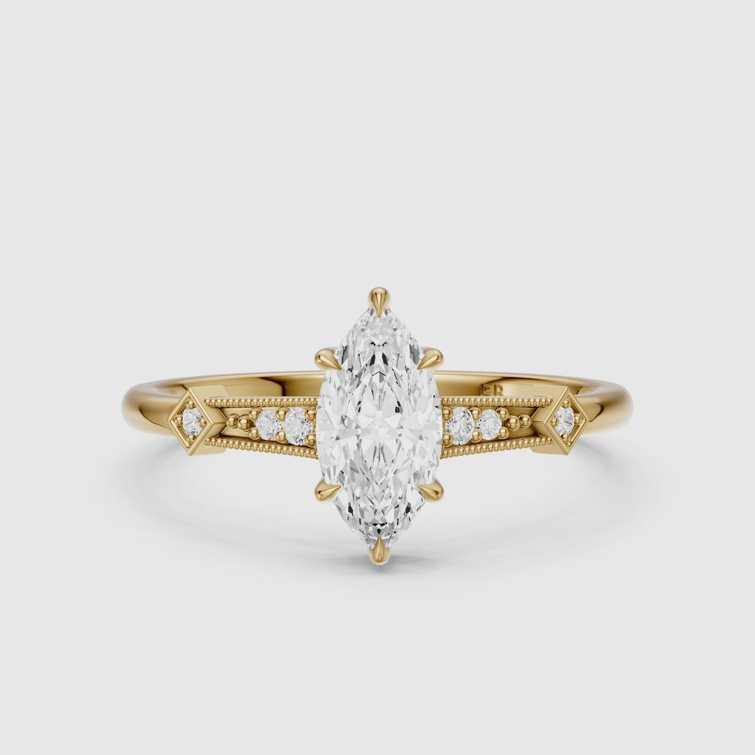 Load video: Ada Marquise Cut Side Stone Lab Grown Diamond Ring with Vintage Milgrain