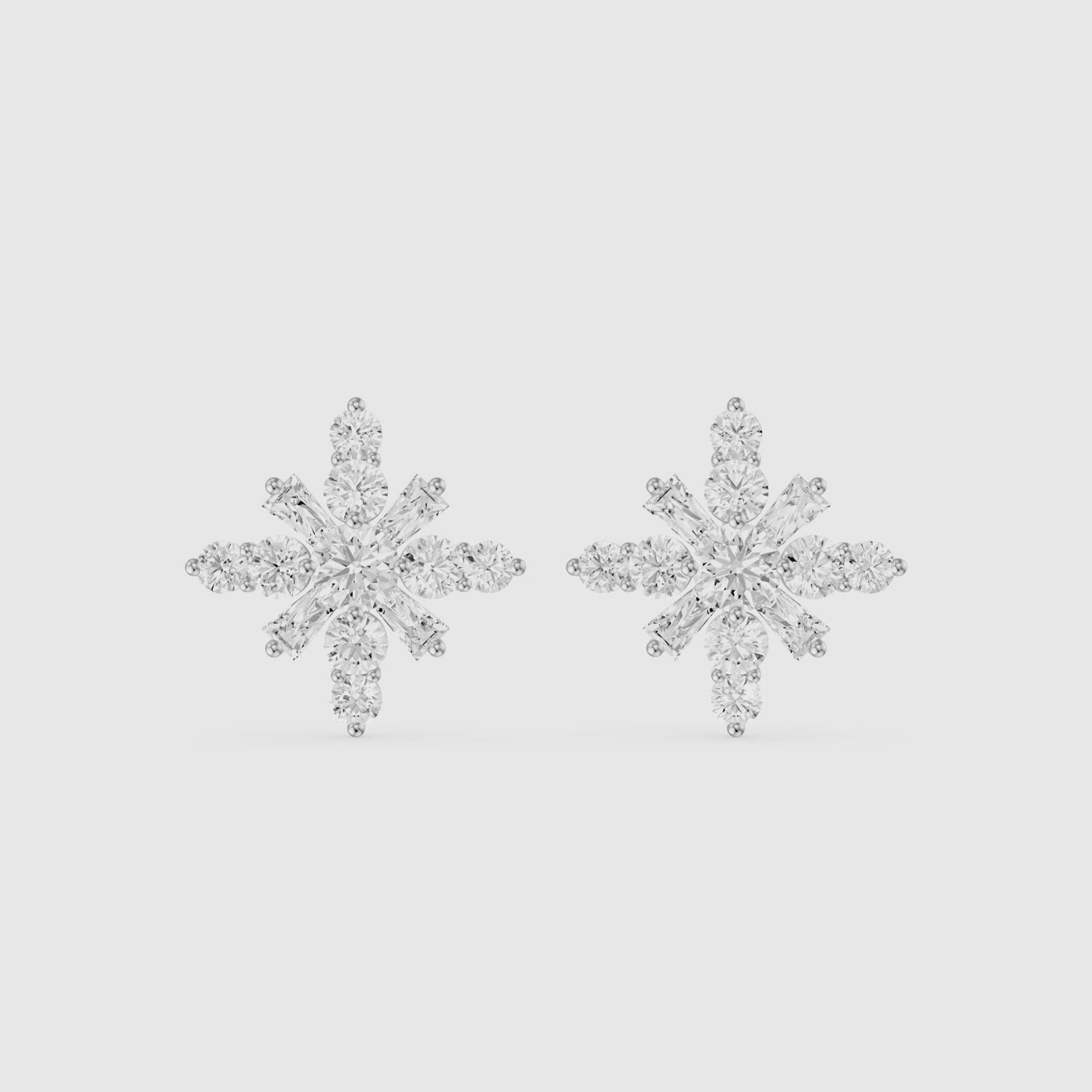 Load video: Veerle Round Cut and Tapered Baguette Lab Grown Diamond Snowflake Stud Earrings