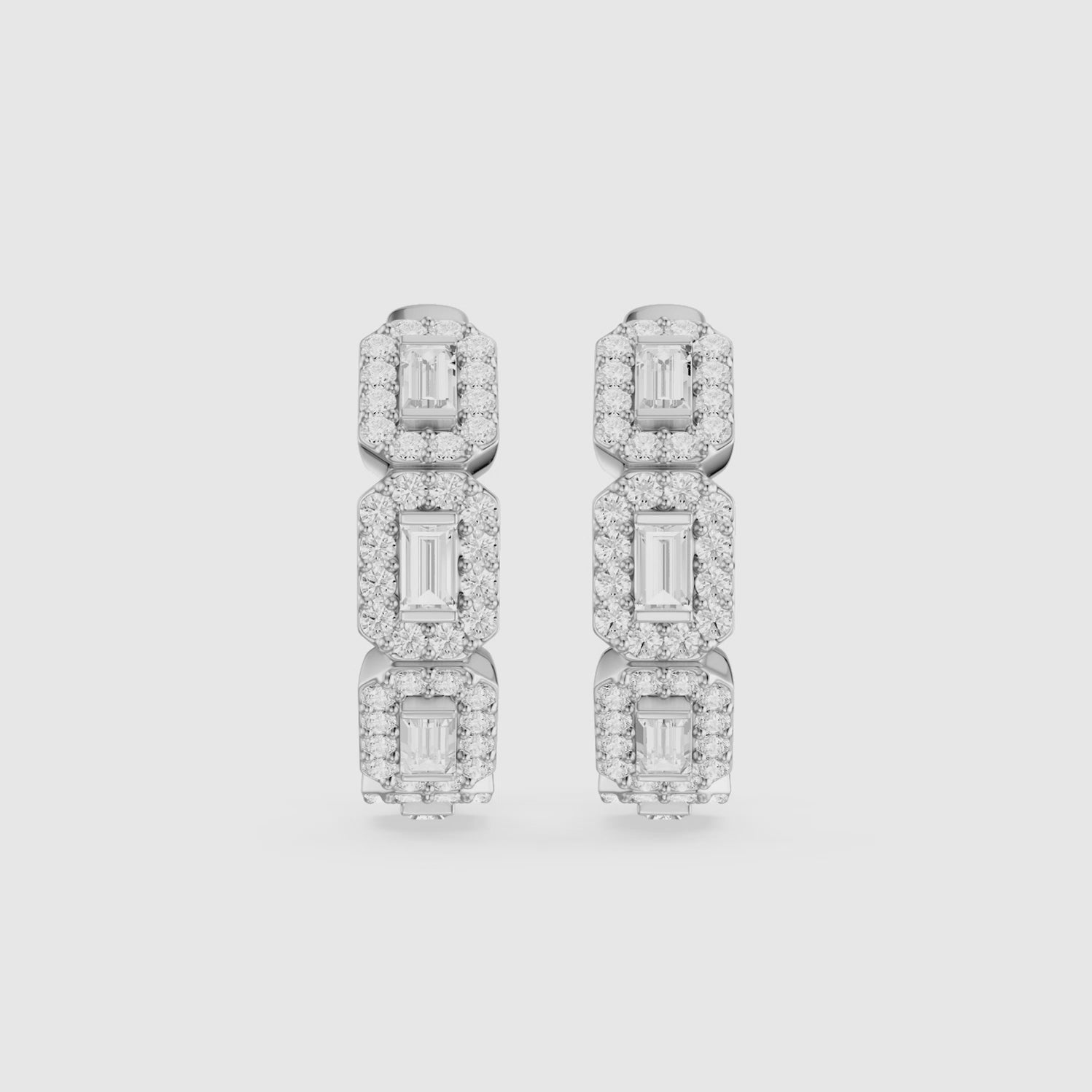 Load video: Sabine Baguette Lab Grown Diamond Halo Hoop Earrings