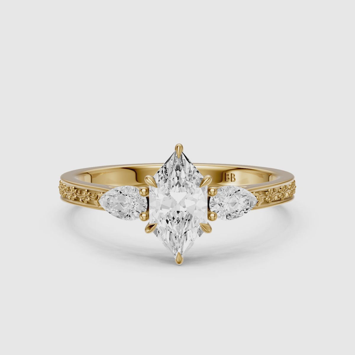 Load video: Alzira Dutch Marquise Cut Lab Grown Diamond Vintage Three Stone Ring