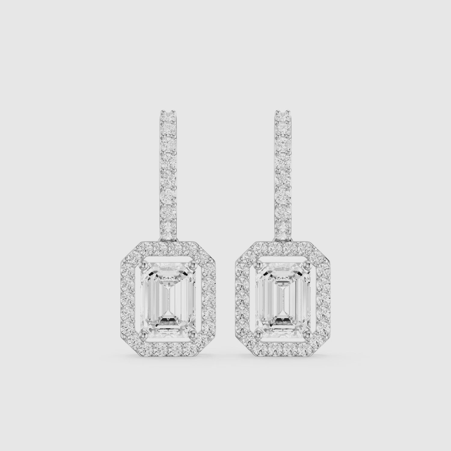 Load video: Georgina Emerald Cut Lab Grown Diamond Halo Drop Earrings