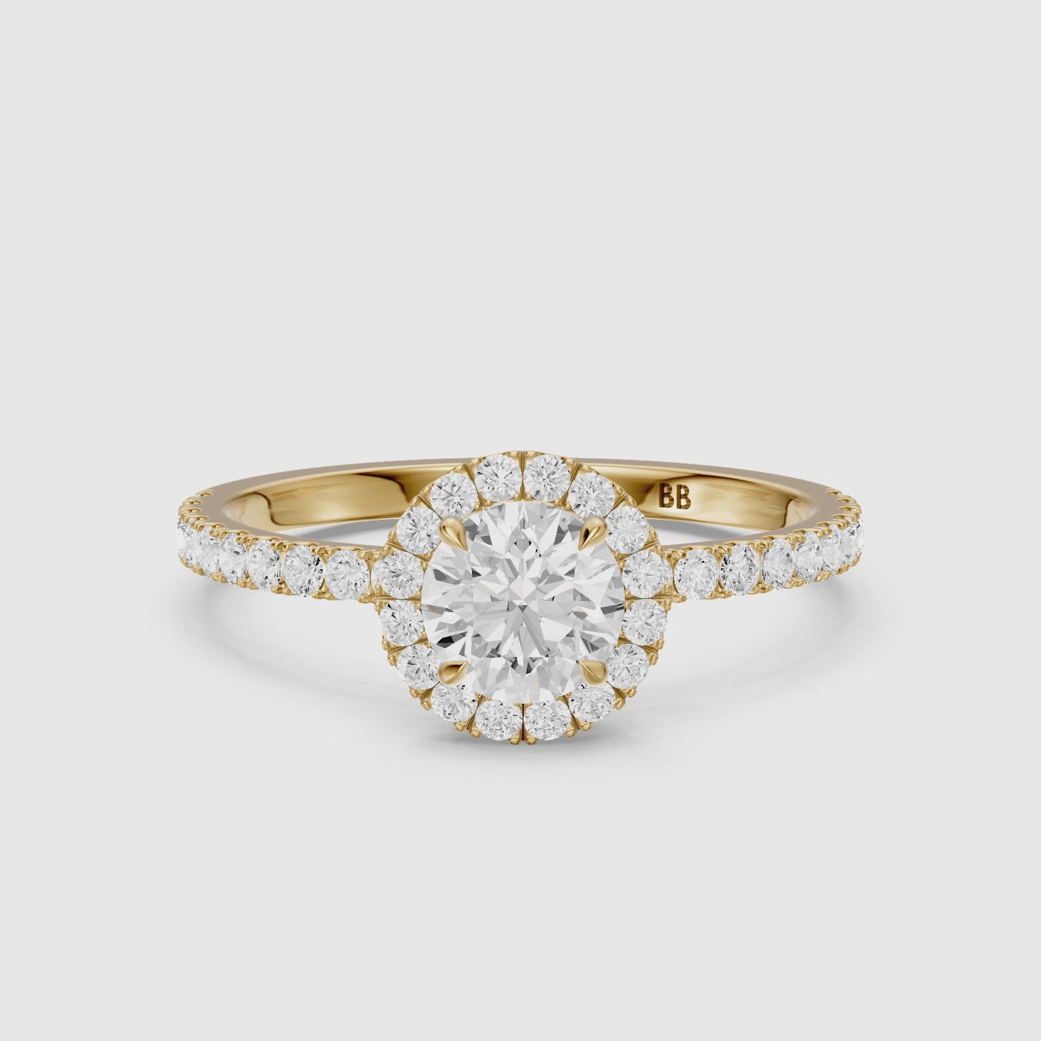 Load video: Gloria Round Cut Halo Pave Side Stone Lab Grown Diamond Ring