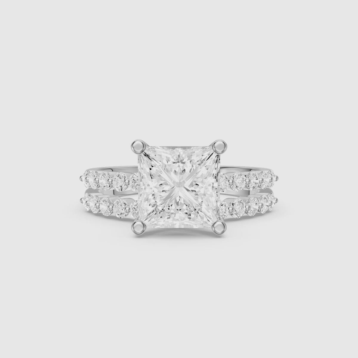 Load video: Tarsila Princess Cut Lab Grown Diamond Shared Prong Bridel Set