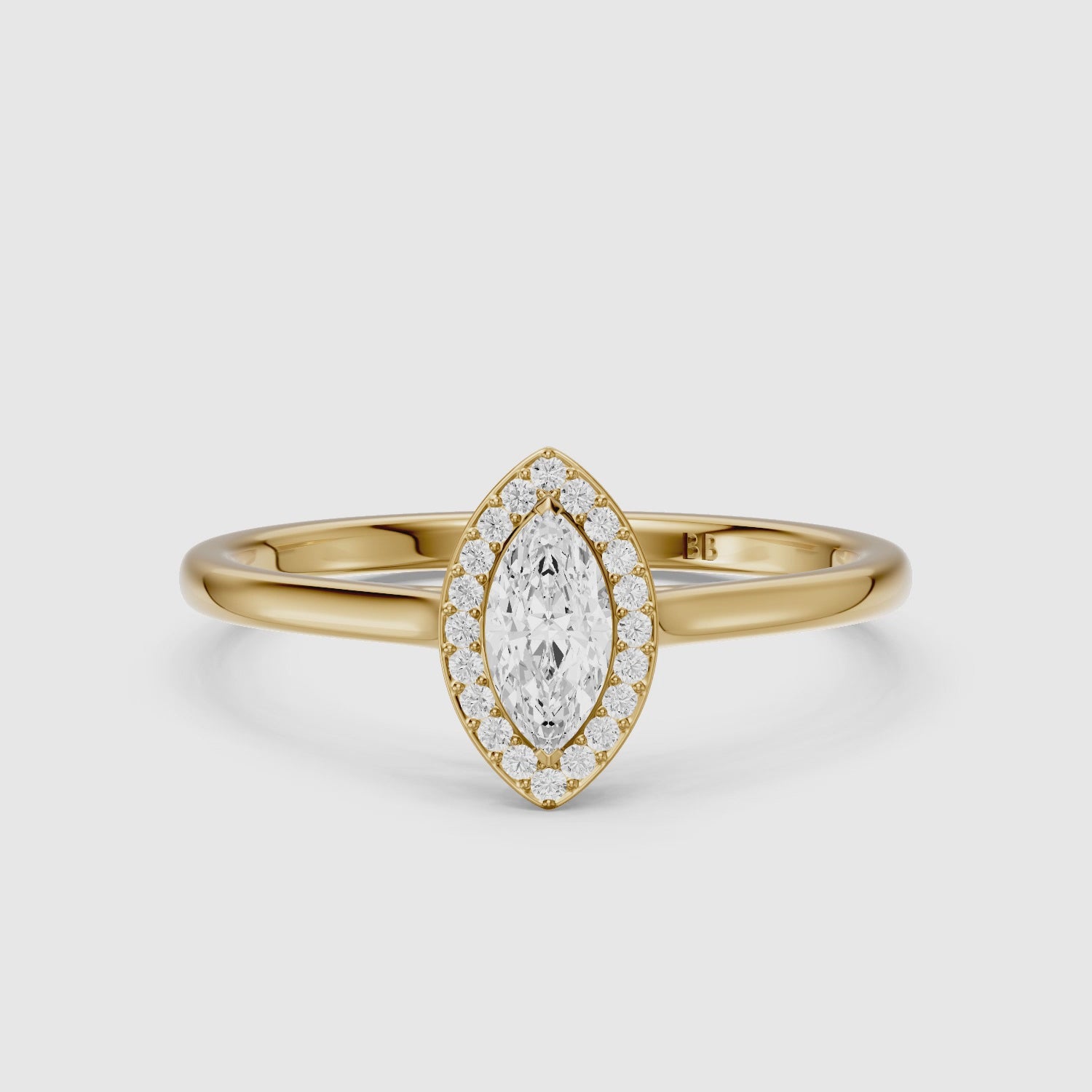 Load video: Evelyn Marquise Cut Halo Low Profile Lab Grown Diamond Ring