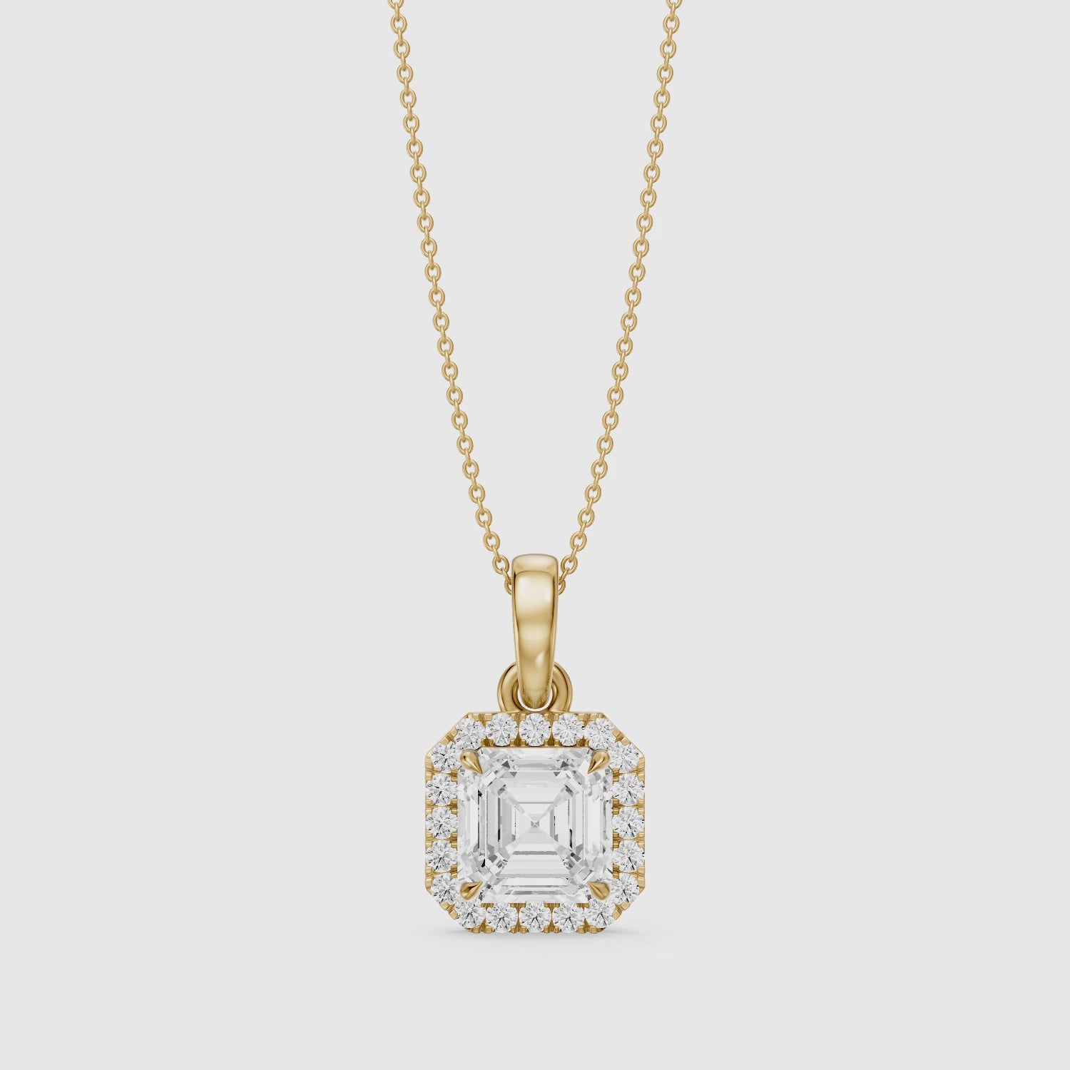 Load video: Alma Asscher Cut Lab Grown Diamond Halo Pendant