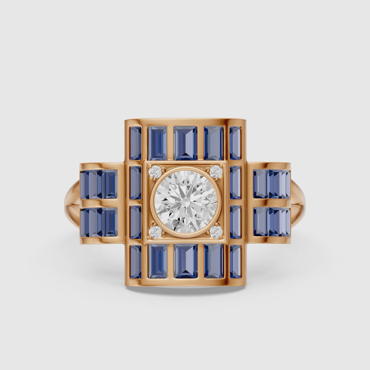 Load video: Halle Step Cut Blue Sapphire and Round Lab Grown Diamond Engagement Ring