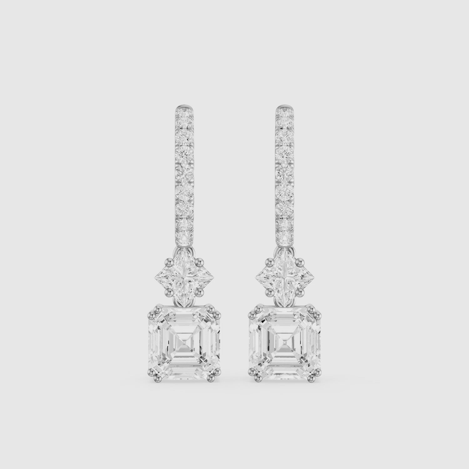 Load video: Cindy Asscher, Princess and Round Lab Grown Diamond Drop Earrings with Pave Hoop