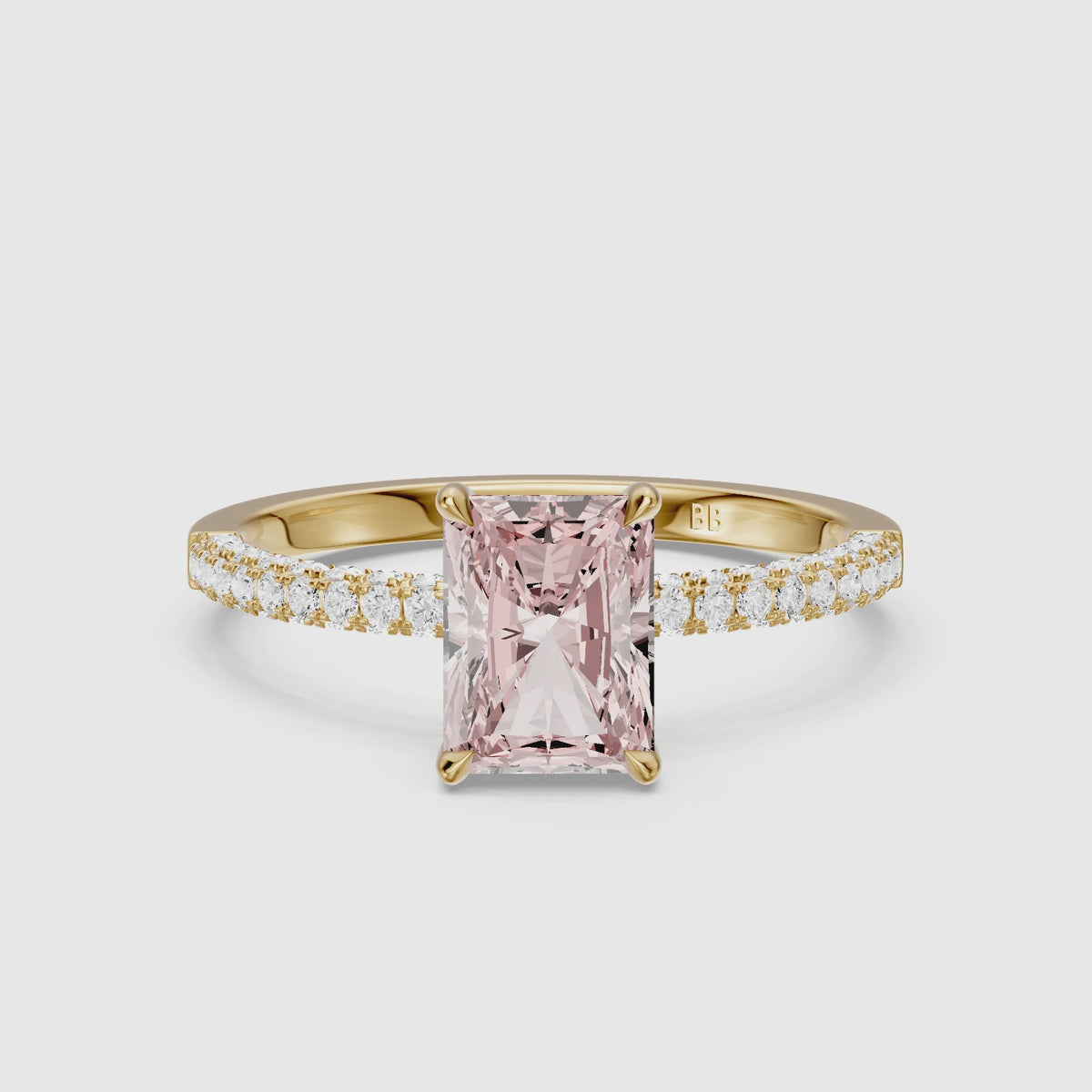 Load video: Romina Radiant Cut Hidden Halo Three Sided Pave Pink Lab Grown Diamond Ring