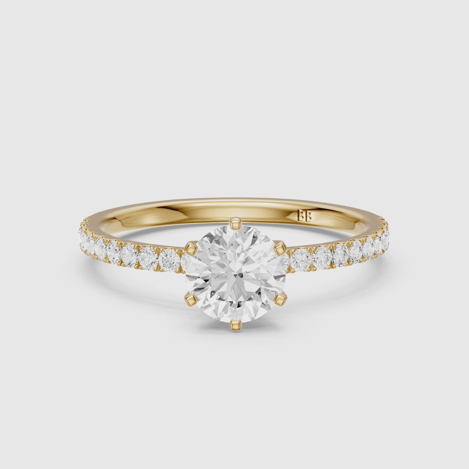 Load video: Maggie 6 Prong Round Cut Side Stone Pave Lab Grown Diamond Ring
