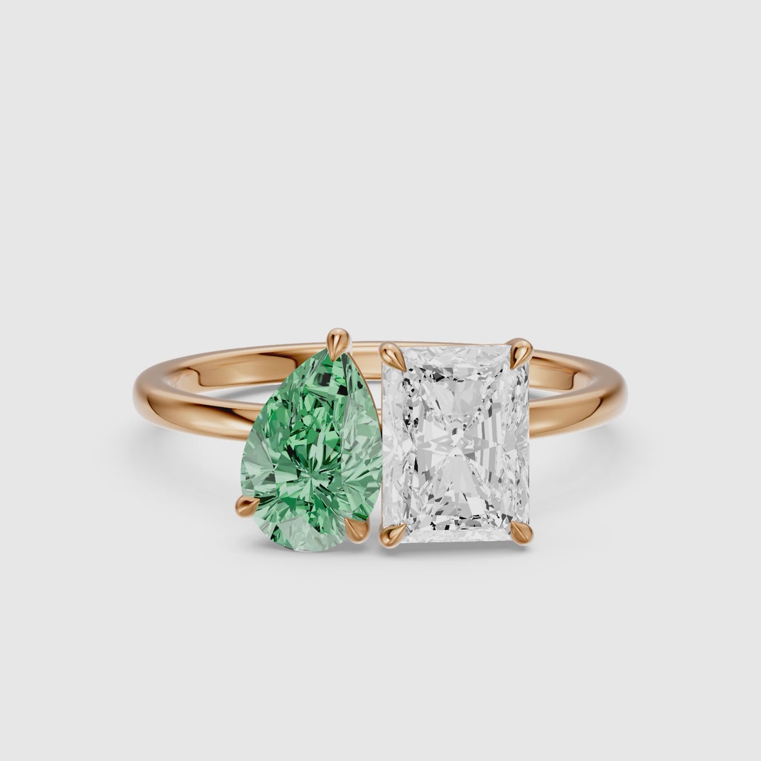 Load video: Wenna Green Pear and Radiant Cut Colored Lab Grown Diamond Toi et Moi Ring