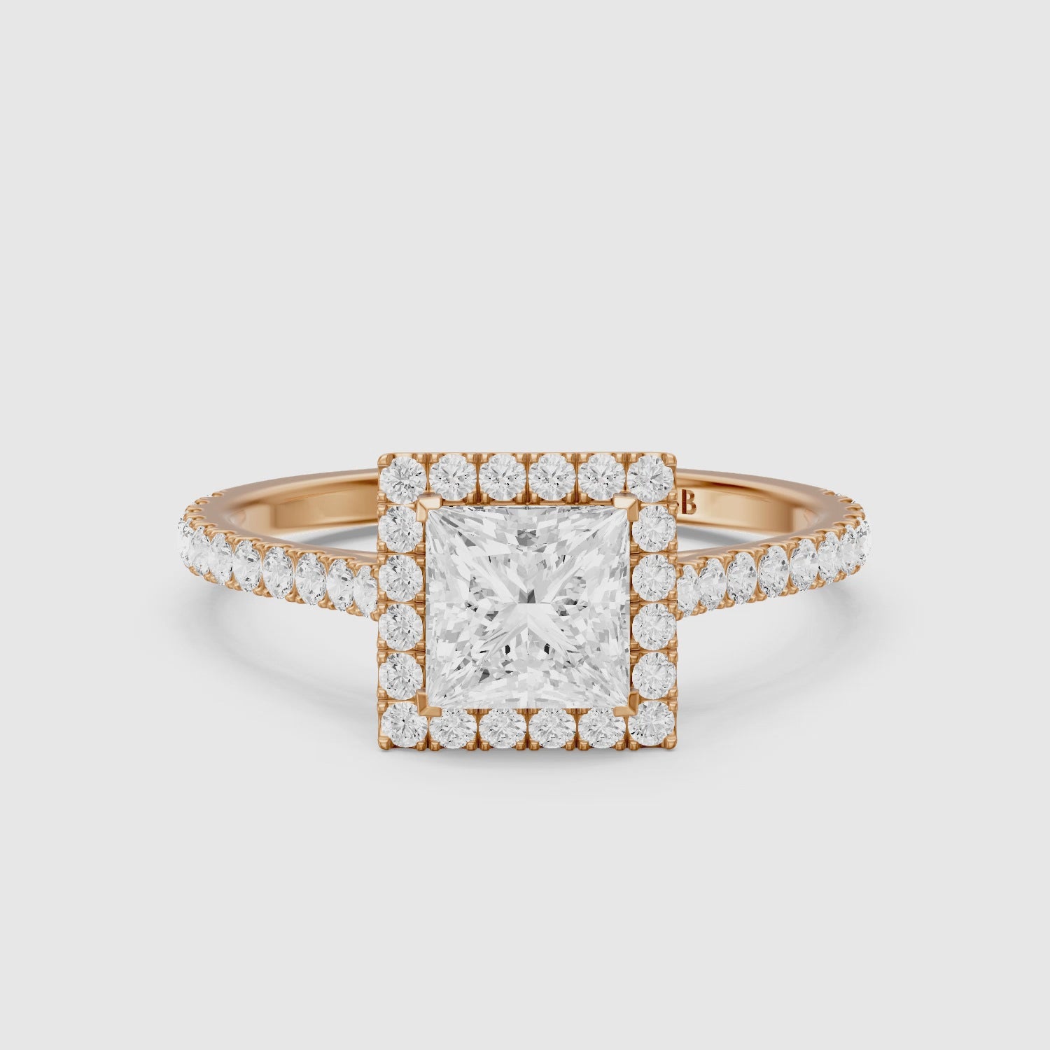 Load video: Allana Princess Cut Halo Pave Side Stone Lab Grown Diamond Ring