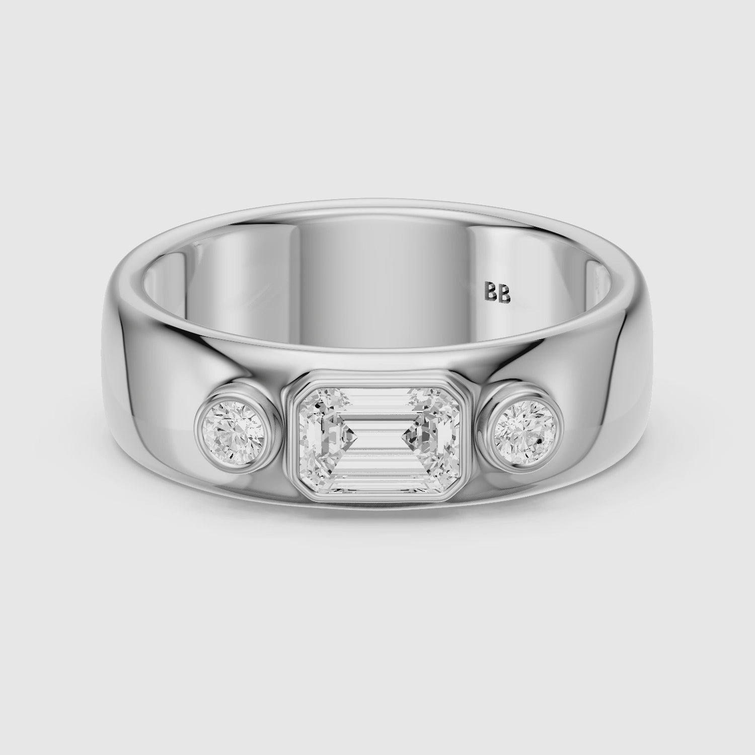 Load video: Catarina Emerald Cut Lab Diamond Bezel Set Three Stone Cigar Band