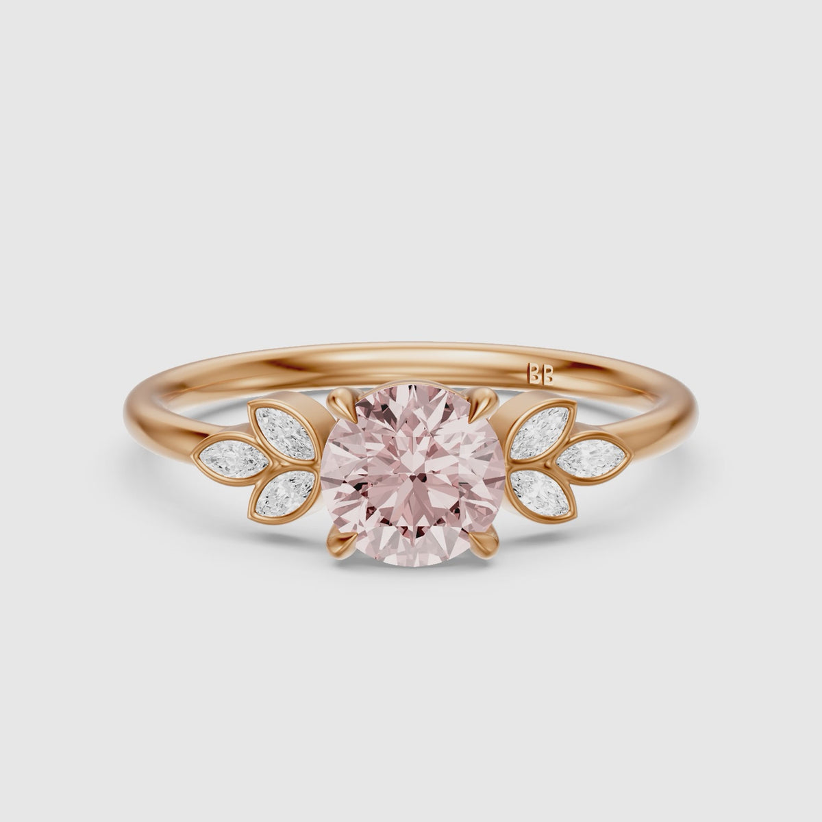 Load video: Ainslie Round Pink Lab Grown Diamond Ring with Floral Marquise Side Stones