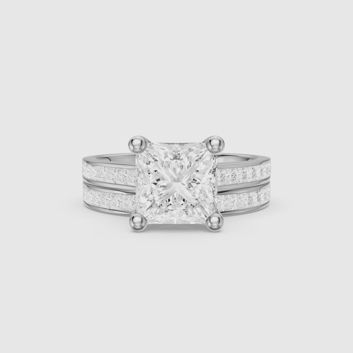 Load video: Ariane Princess Cut Lab Grown Diamond Cathedral Channel Bridal Set