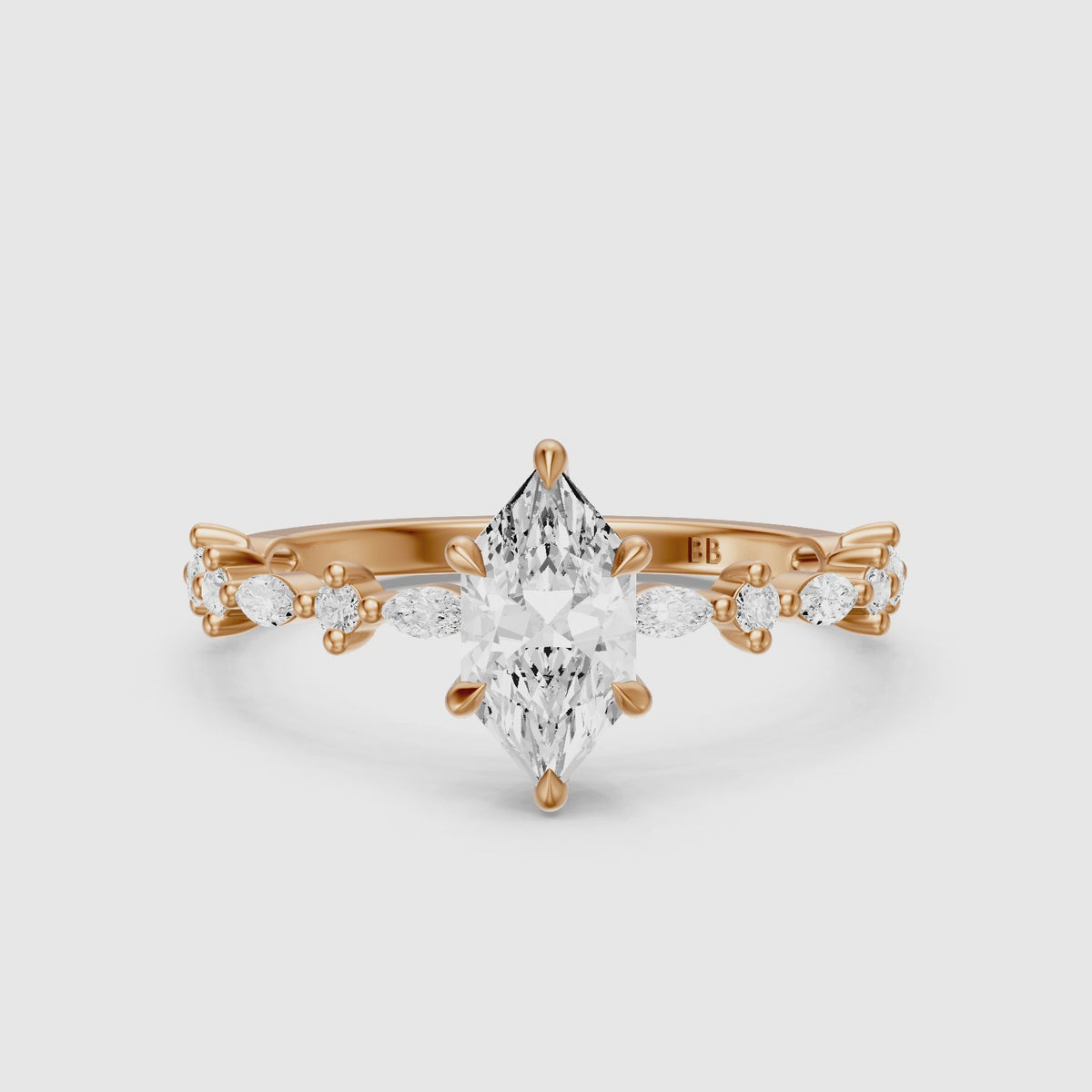 Load video: Francisca Dutch Marquise Moissanite Diamond Hidden Halo Ring with Marquise Round Band
