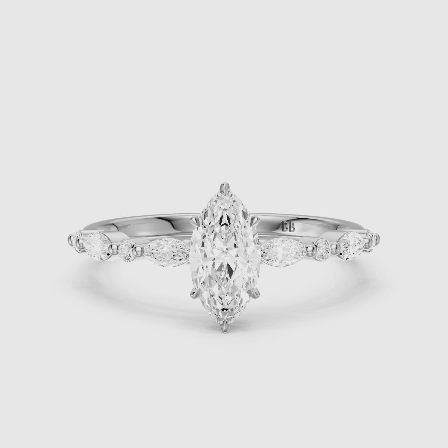 Load video: Daniela Marquise Moissanite Diamond Side Stones Ring with Hidden Halo