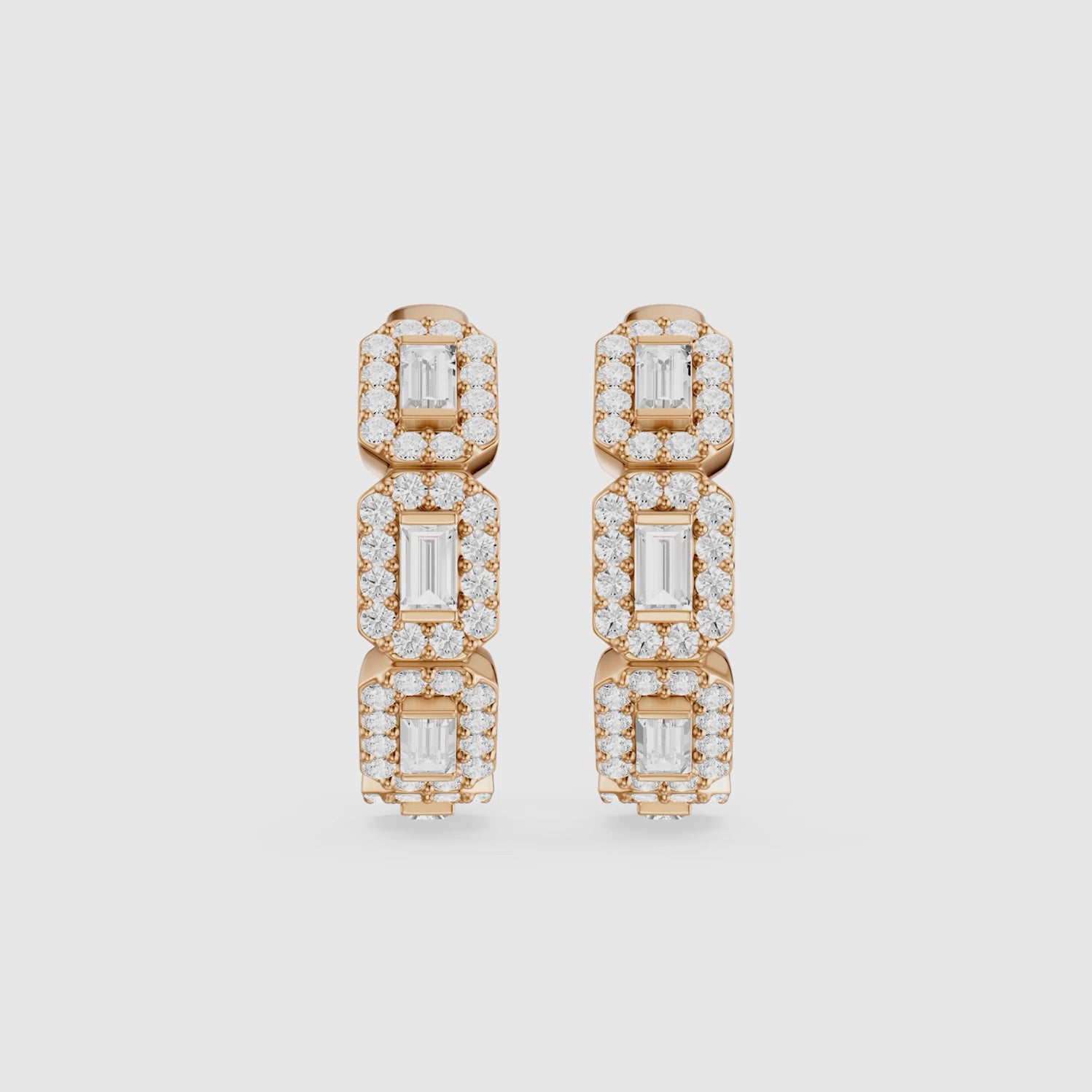 Load video: Sabine Baguette Lab Grown Diamond Halo Hoop Earrings