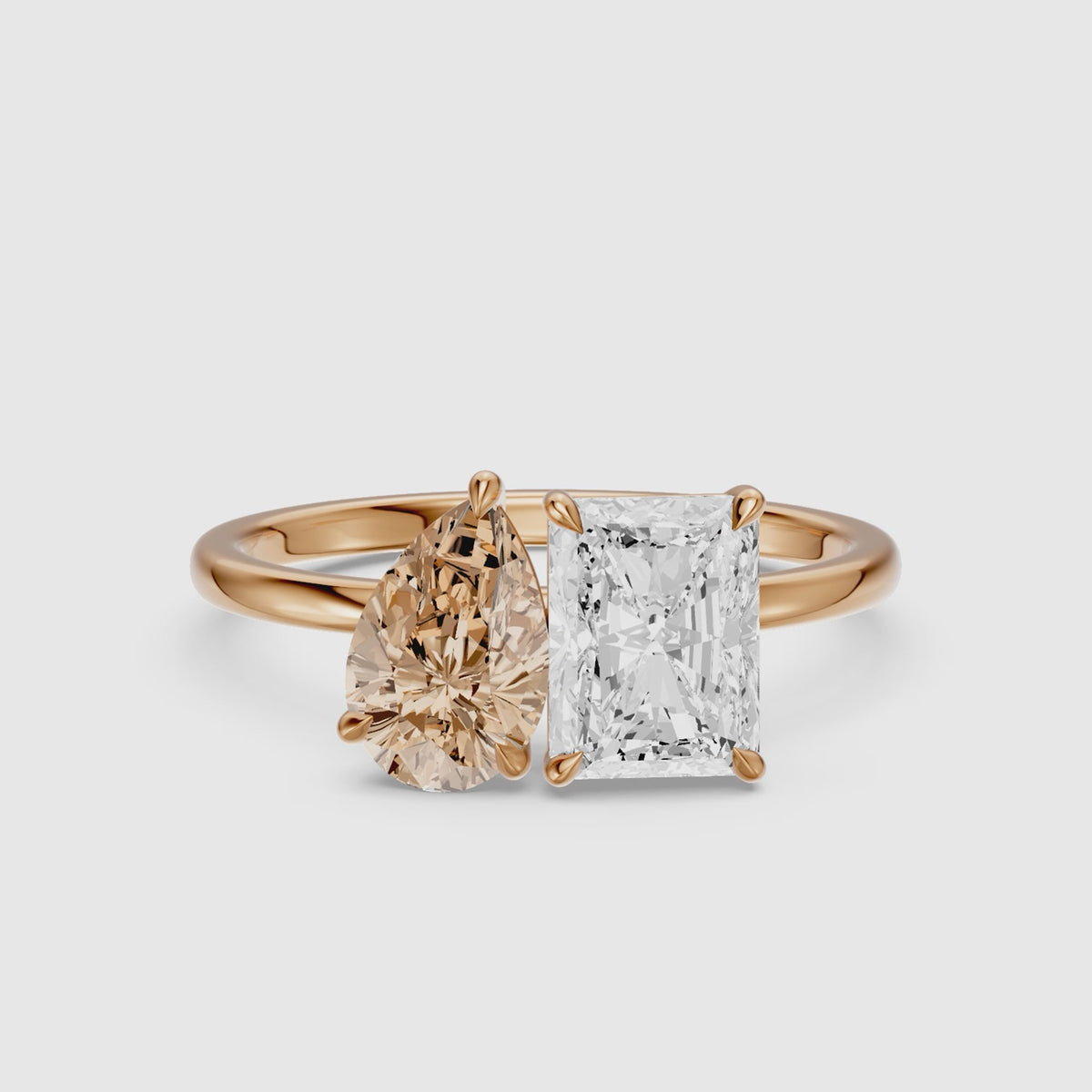 Load video: Saskia Champagne Pear and Radiant Cut Colored Lab Grown Diamond Toi et Moi Ring
