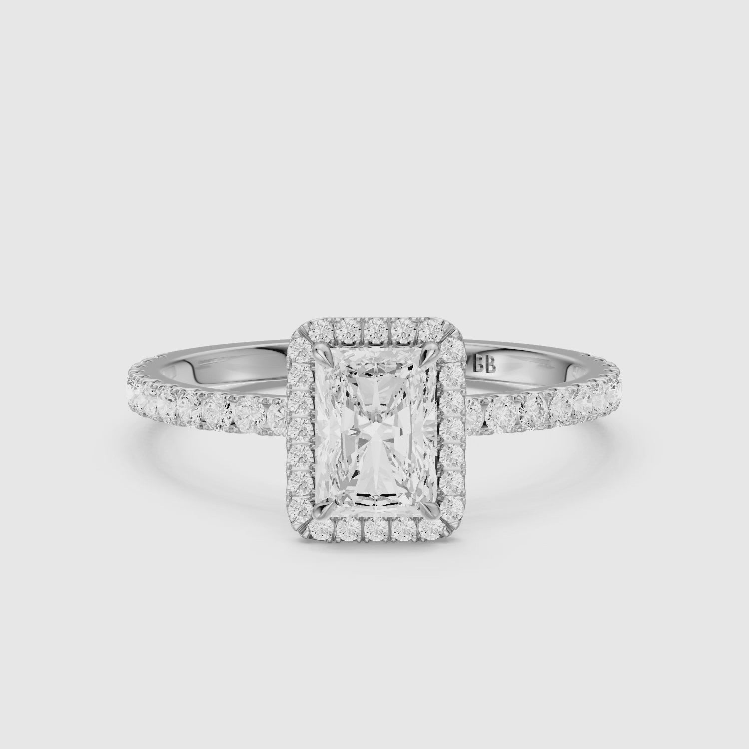 Load video: Darian Radiant Cut Halo Pave Side Stone Lab Grown Diamond Ring