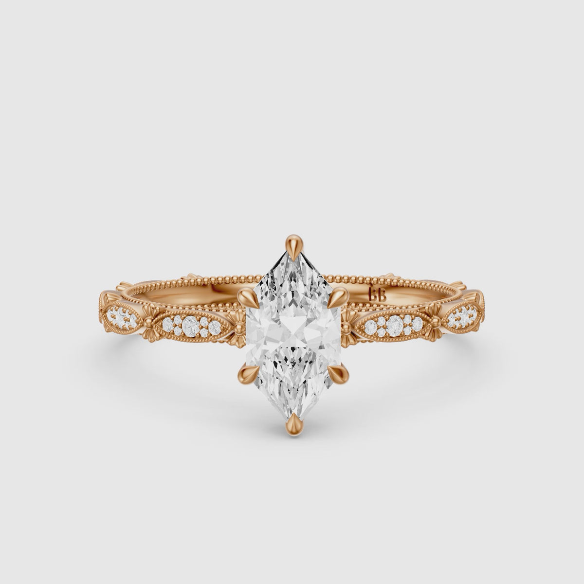 Load video: Nerissa Dutch Marquise Cut Lab Grown Diamond Vintage Ring With Floral Diamond Details