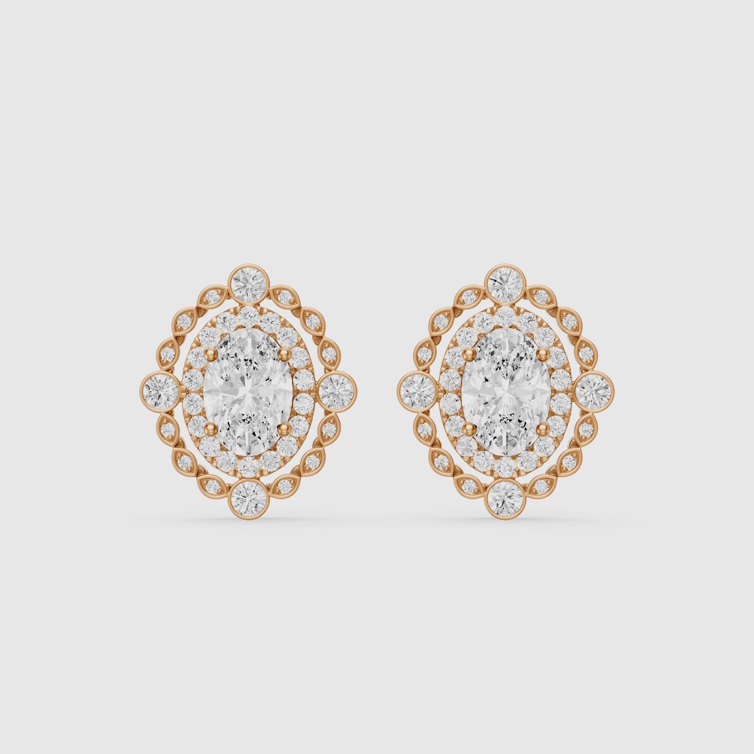 Load video: Evadne Oval and Round Lab Grown Diamond Double Halo Stud Earrings