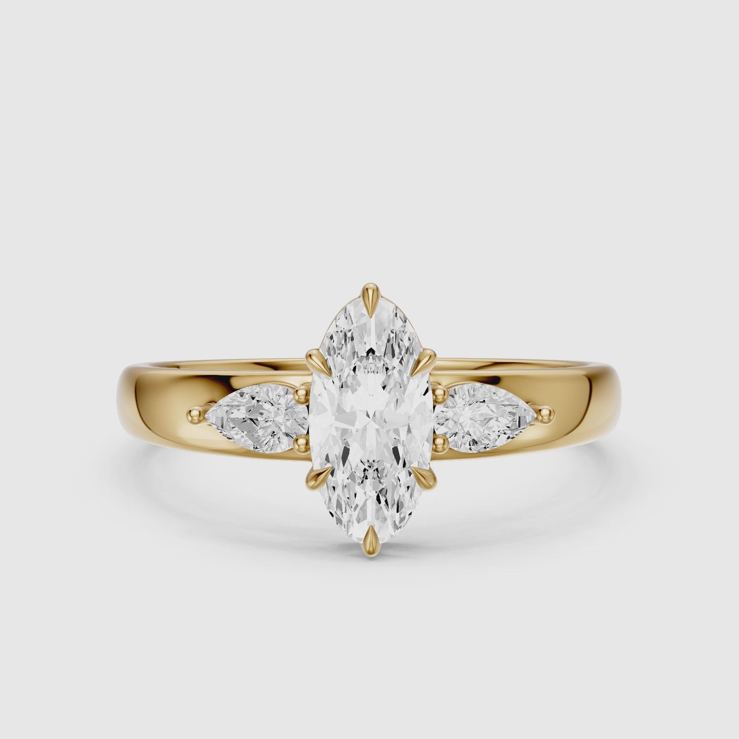 Load video: Celia Moval Moissanite Diamond Three Stone Ring with Pear Stones and Wide Tapered Band