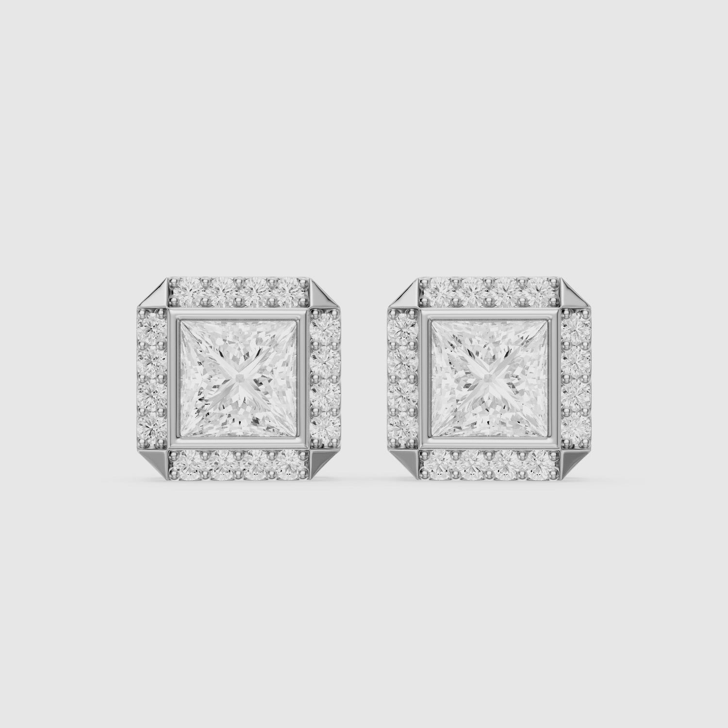 Load video: Oksana Princess Cut Lab Grown Diamond Square Halo Stud Earrings