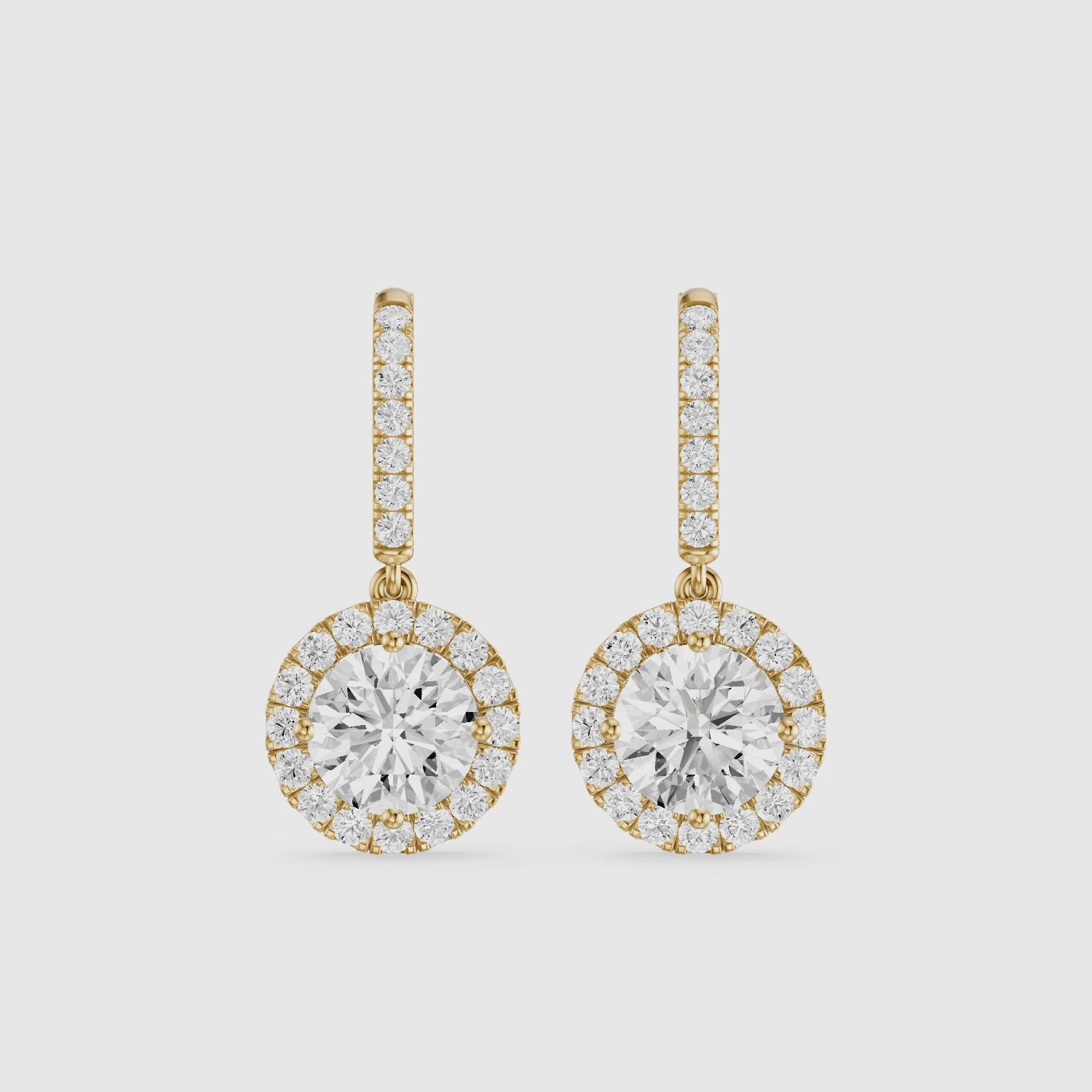 Load video: Poppy Round Lab Grown Diamond Halo Drop Earrings with Pave Bar