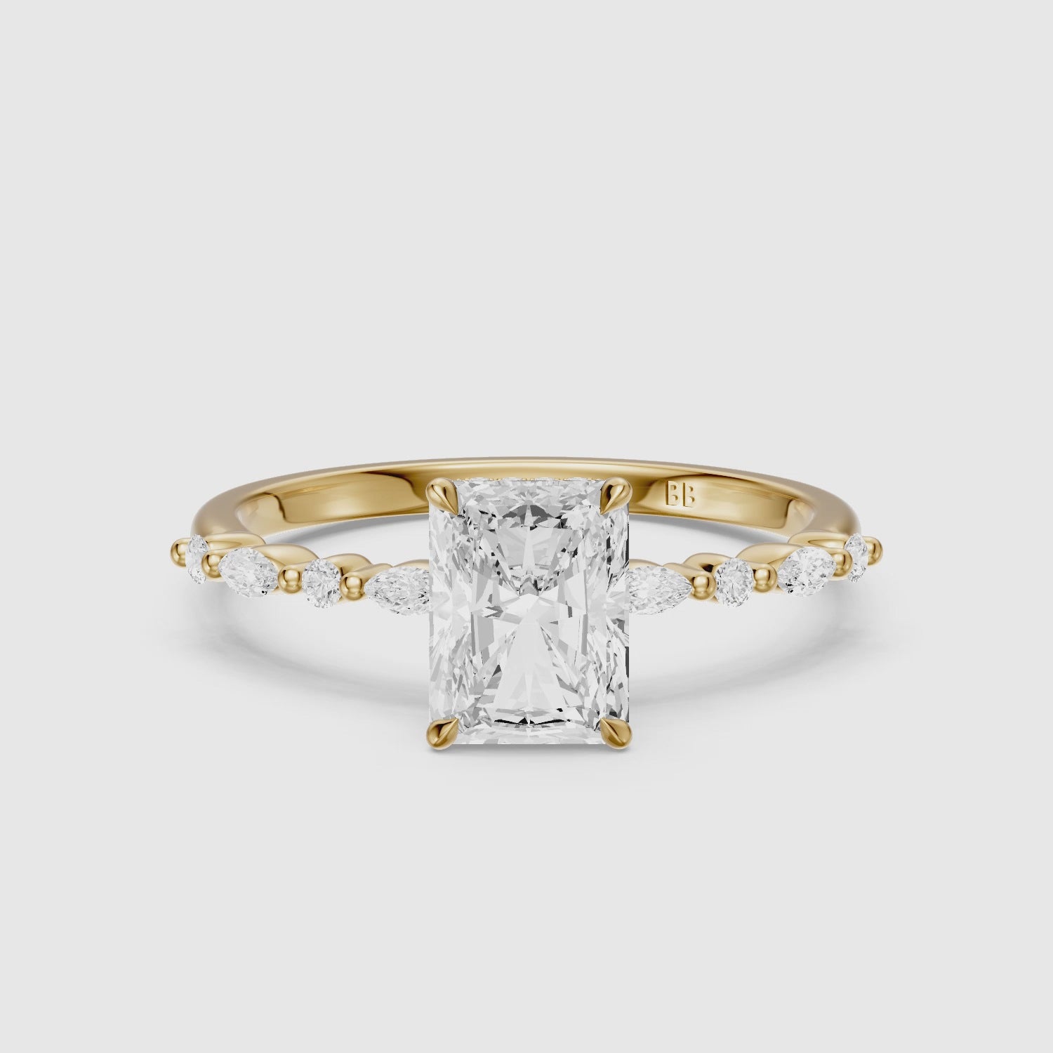 Load video: Emelyn Radiant Cut Hidden Halo Side Stone Moissanite Diamond Ring