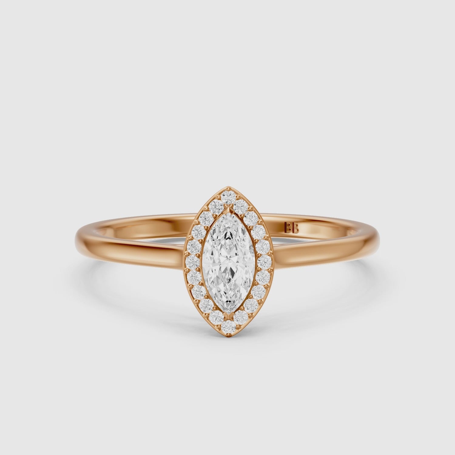 Load video: Evelyn Marquise Cut Halo Low Profile Lab Grown Diamond Ring