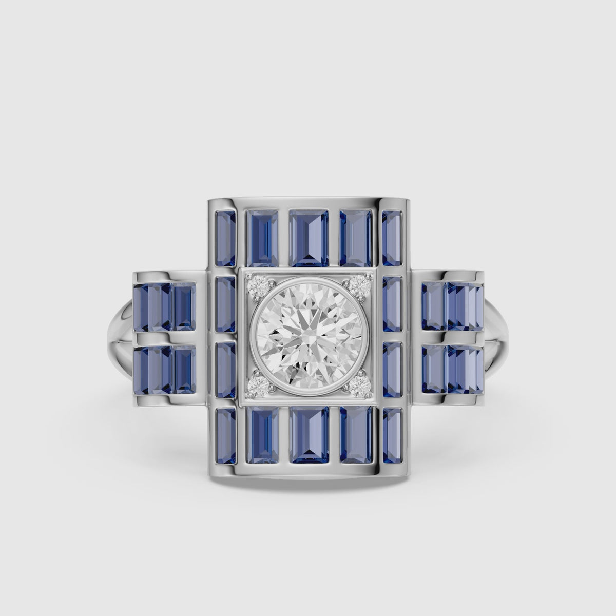 Load video: Halle Step Cut Blue Sapphire and Round Lab Grown Diamond Engagement Ring
