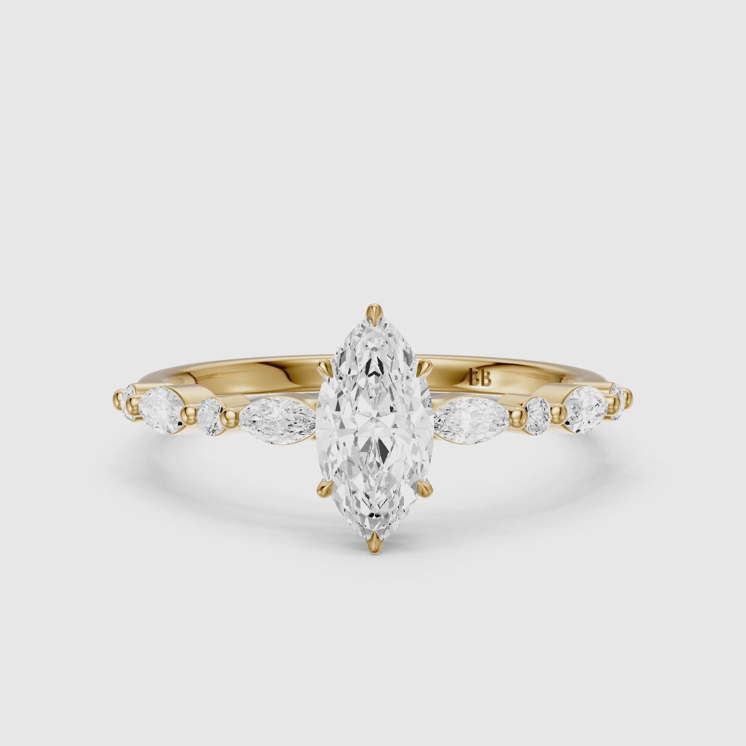 Load video: Daniela Marquise Moissanite Diamond Side Stones Ring with Hidden Halo