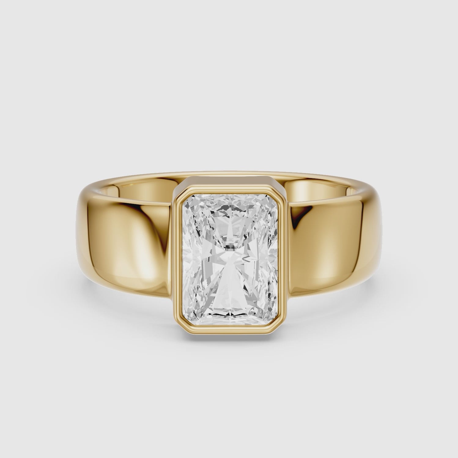 Load video: Della Radiant Cut Lab Diamond Bezel Solitaire Wide Cigar Band