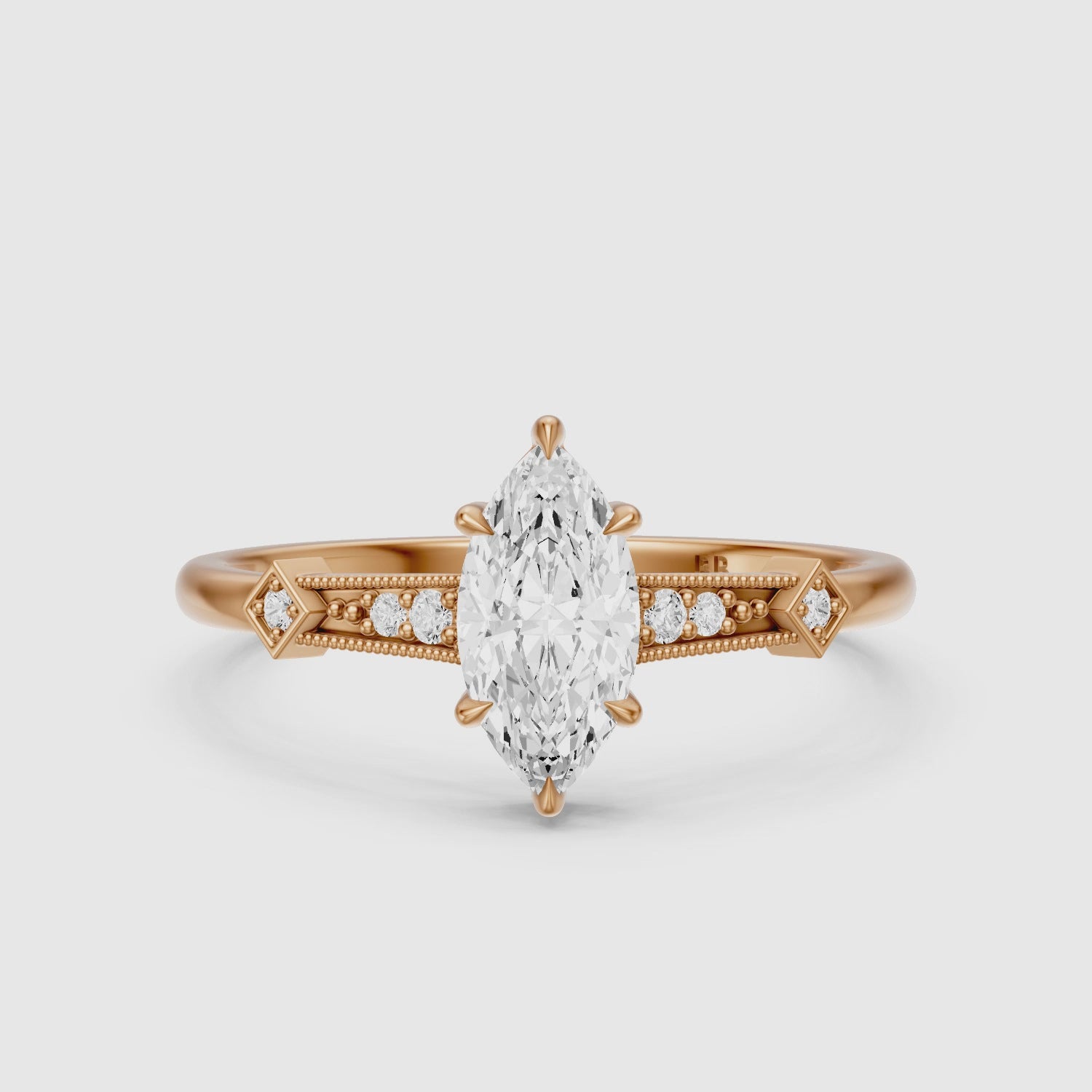 Load video: Ada Marquise Cut Side Stone Lab Grown Diamond Ring with Vintage Milgrain