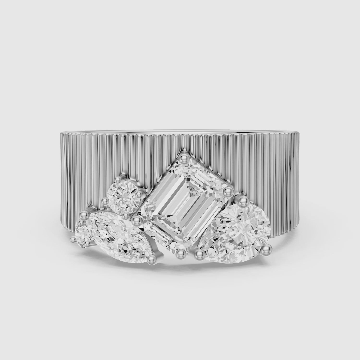 Load video: Berkley Emerald Cut Lab Diamond Mixed Shape Cluster Ribbed Cigar Band