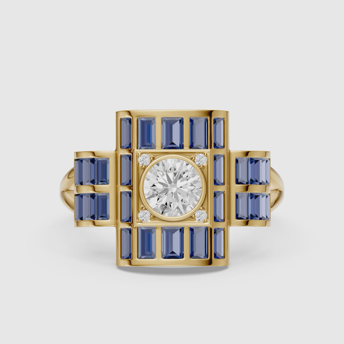 Load video: Halle Step Cut Blue Sapphire and Round Lab Grown Diamond Engagement Ring
