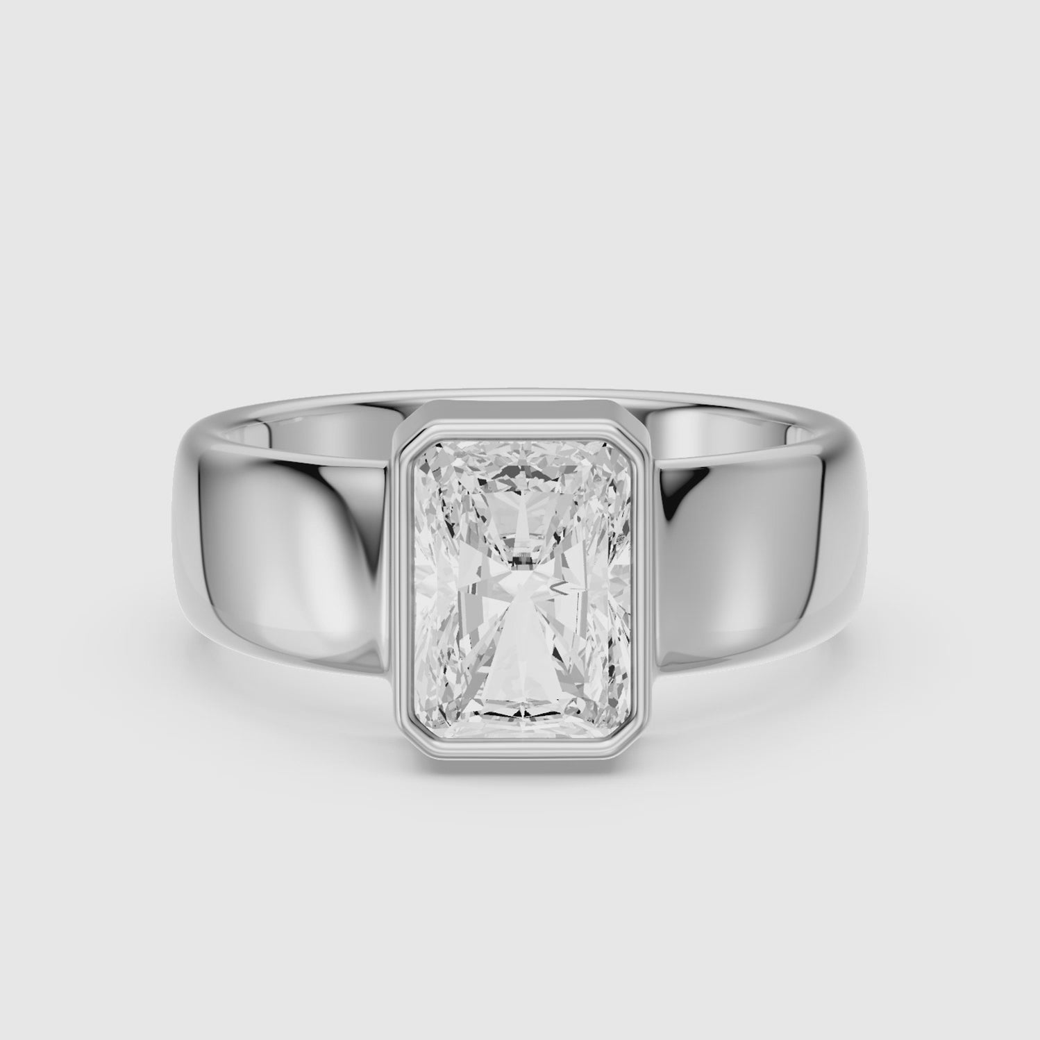Load video: Della Radiant Cut Lab Diamond Bezel Solitaire Wide Cigar Band