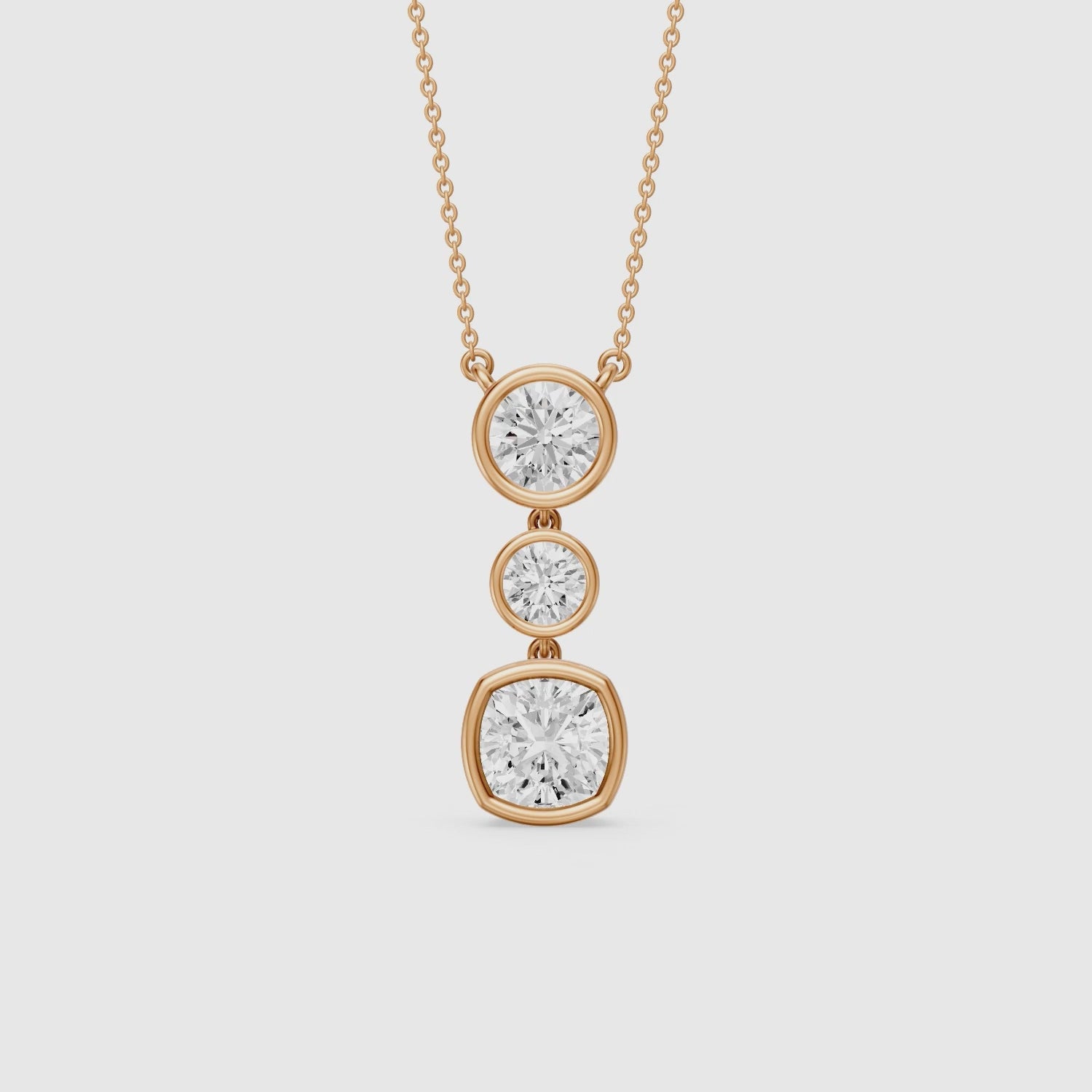 Load video: Amari Three Stone Cushion Cut and Round Cut Lab Grown Diamond Pendant