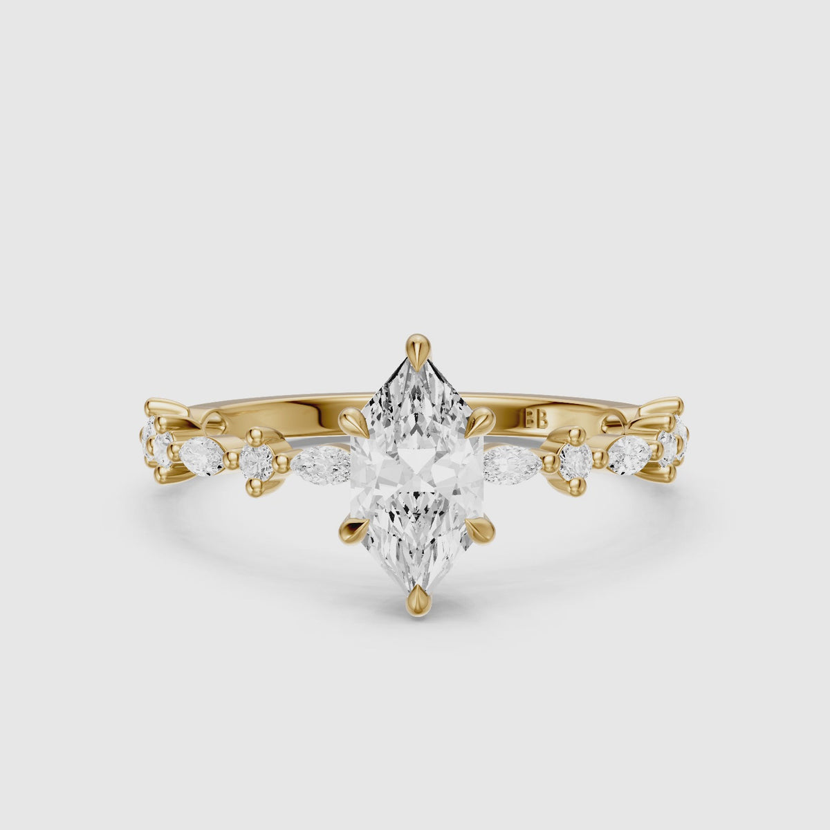 Load video: Francisca Dutch Marquise Moissanite Diamond Hidden Halo Ring with Marquise Round Band