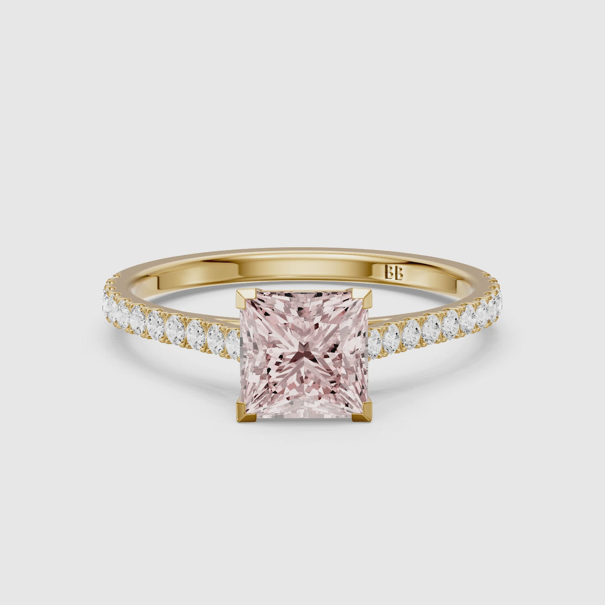 Load video: Ariadne 4 Prong Princess Cut Pave Side Stone Pink Lab Grown Diamond Ring