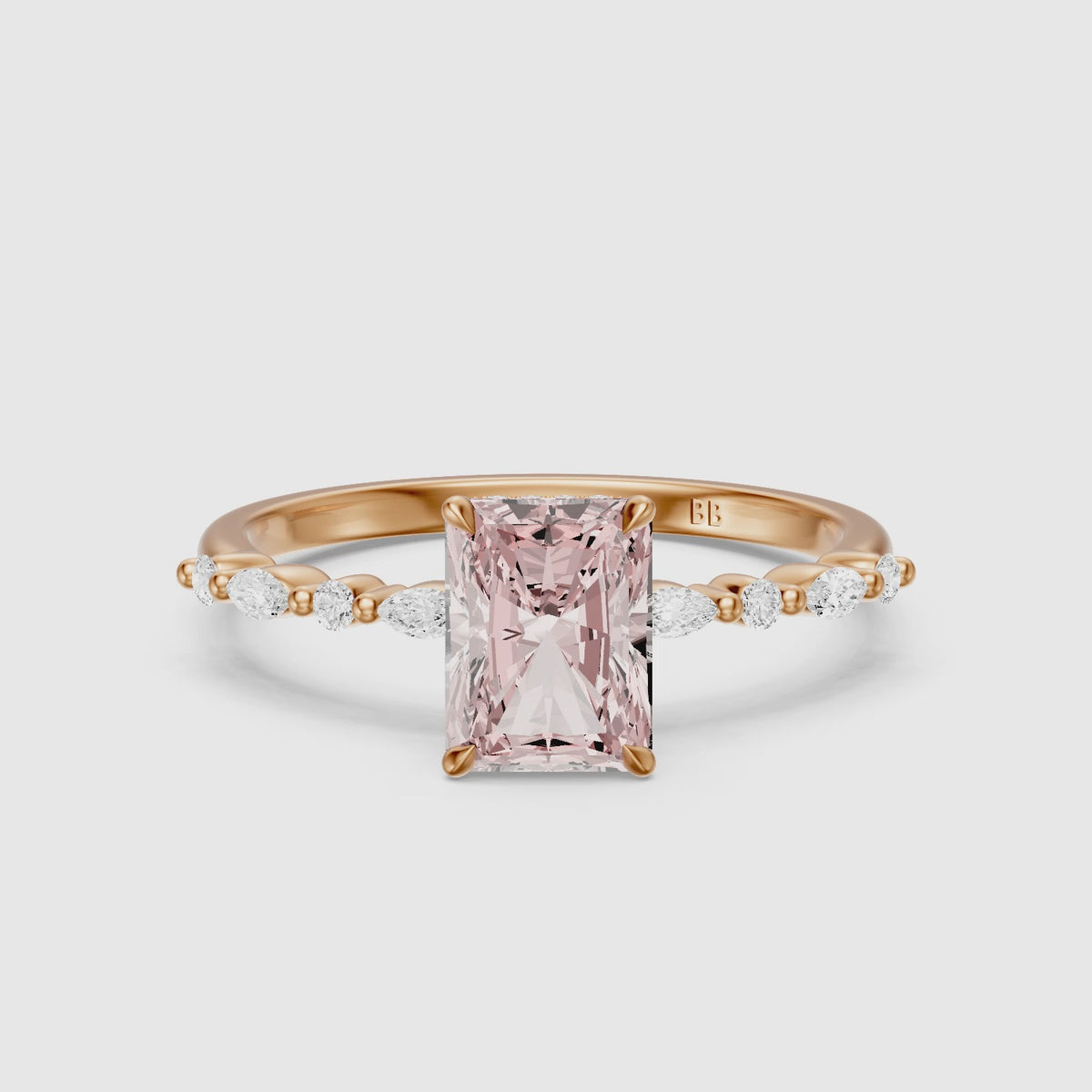 Load video: Nimue Radiant Cut Hidden Halo Side Stone Pink Lab Grown Diamond Ring