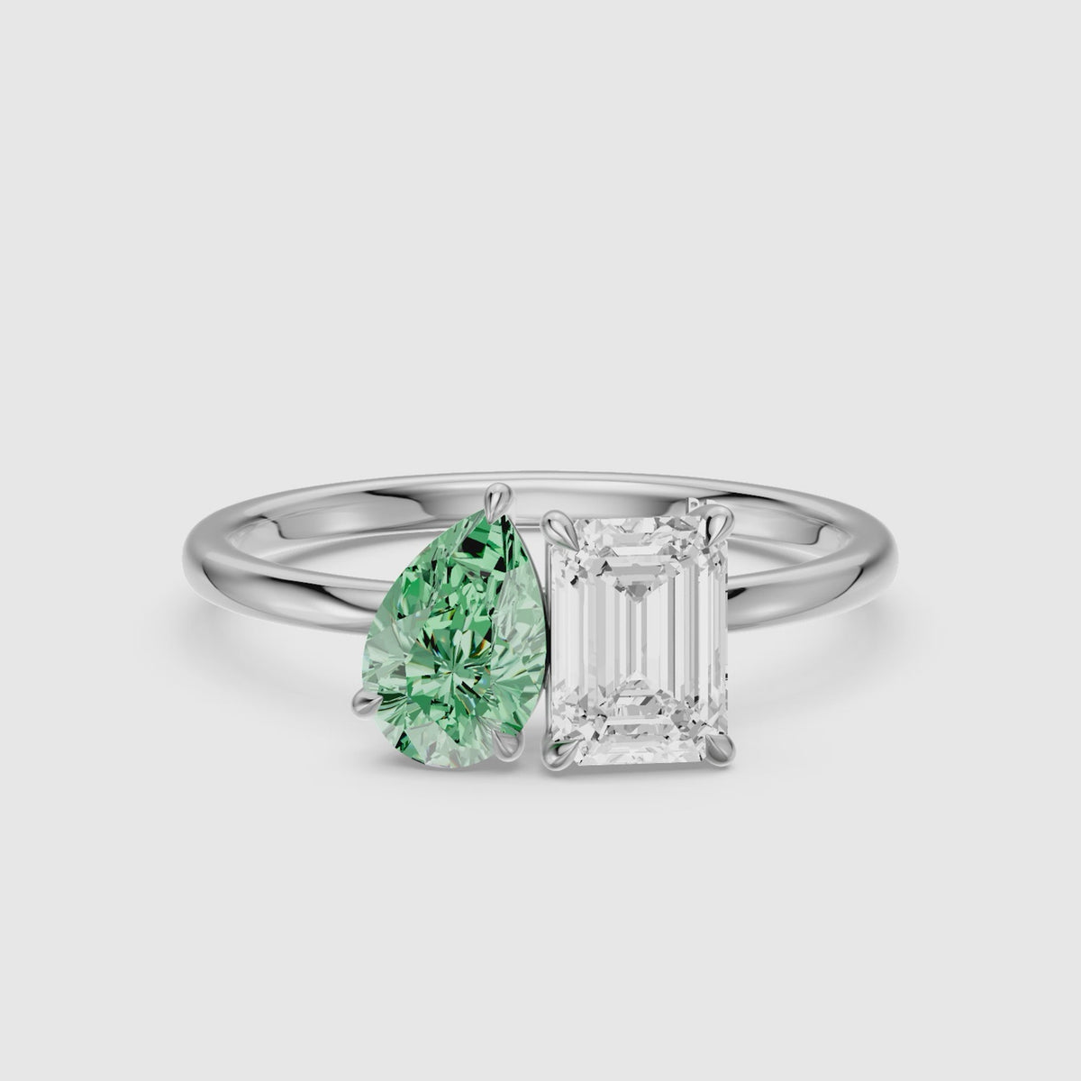 Load video: Nevena Green Pear and Emerald Cut Color Lab Grown Diamond Toi et Moi Ring