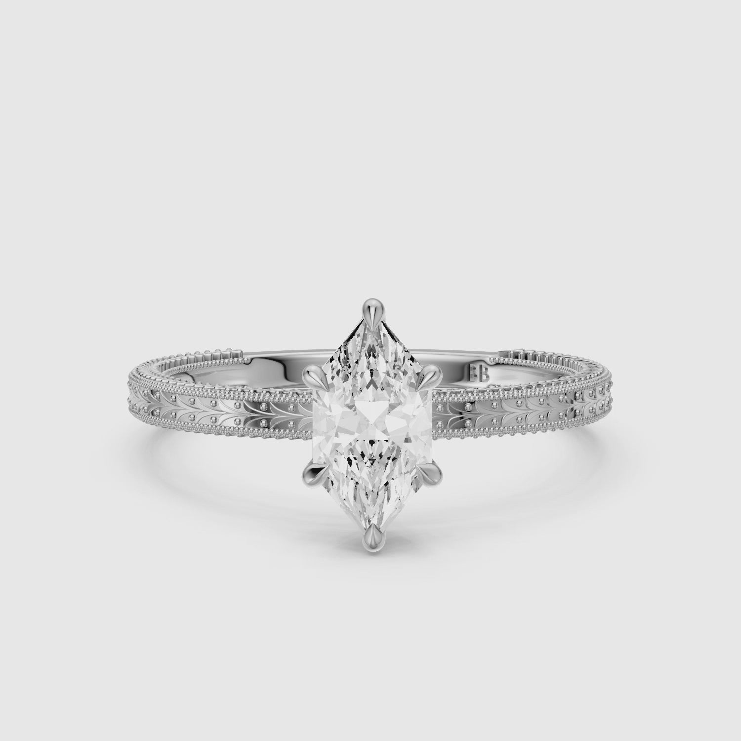 Load video: Ains Dutch Marquise 6 Prong Lab Grown Diamond Ring with Milgrain Band