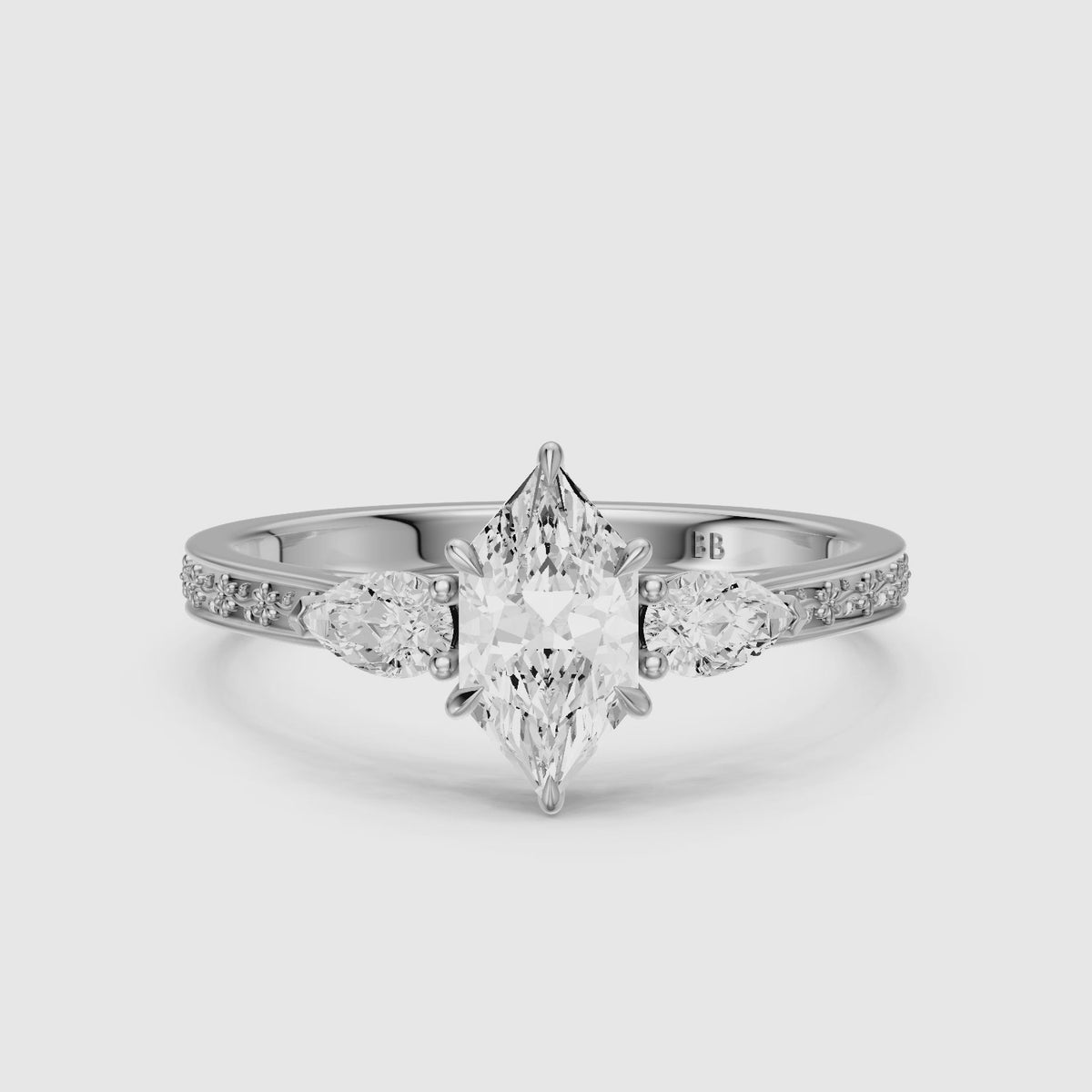 Load video: Alzira Dutch Marquise Cut Lab Grown Diamond Vintage Three Stone Ring