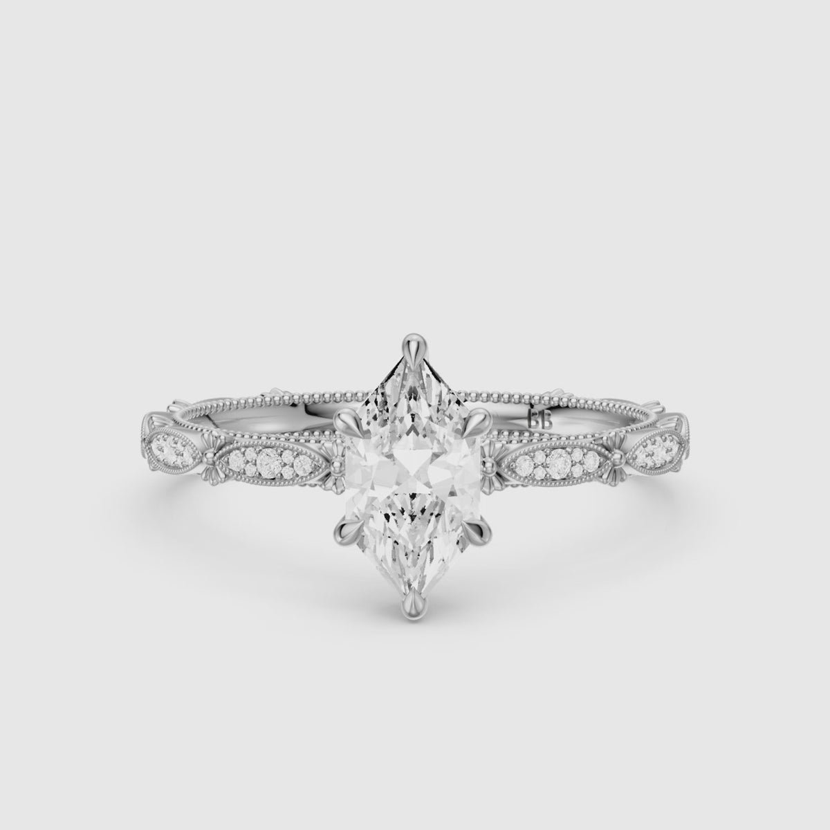 Load video: Nerissa Dutch Marquise Cut Lab Grown Diamond Vintage Ring With Floral Diamond Details