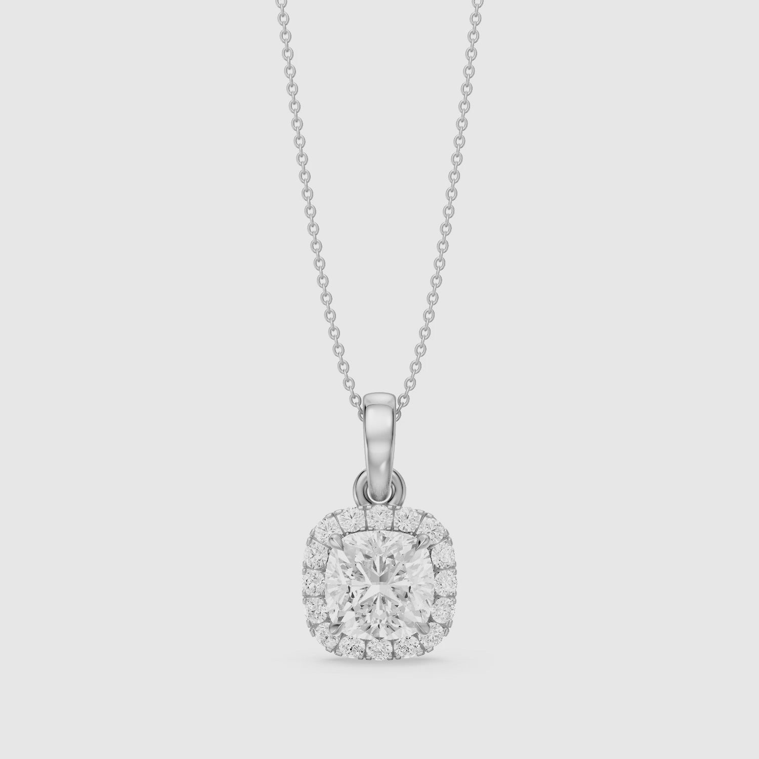 Load video: Clara Cushion Cut Lab Grown Diamond Halo Pendant