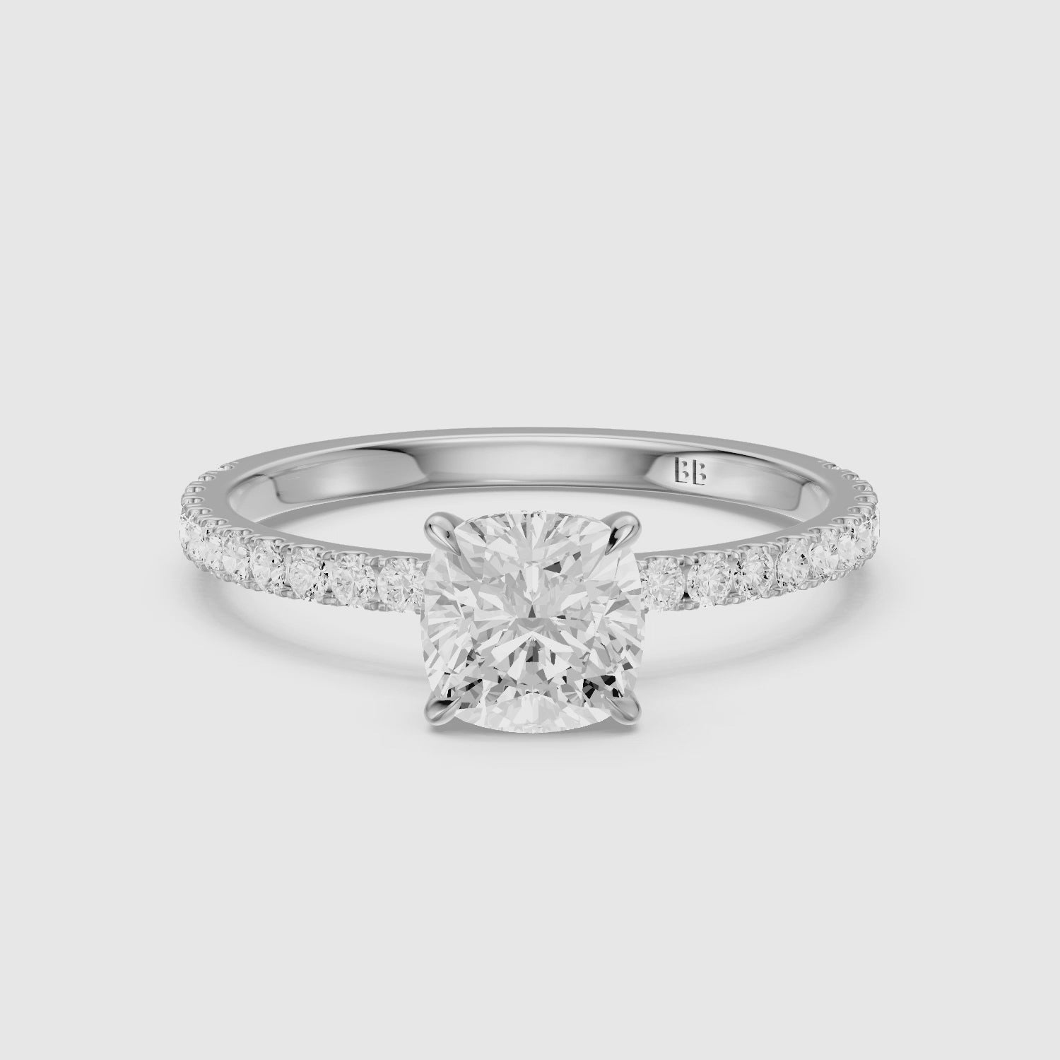 Load video: Larysa 4 Prong Cushion Cut Pave Hidden Halo Lab Grown Diamond Ring