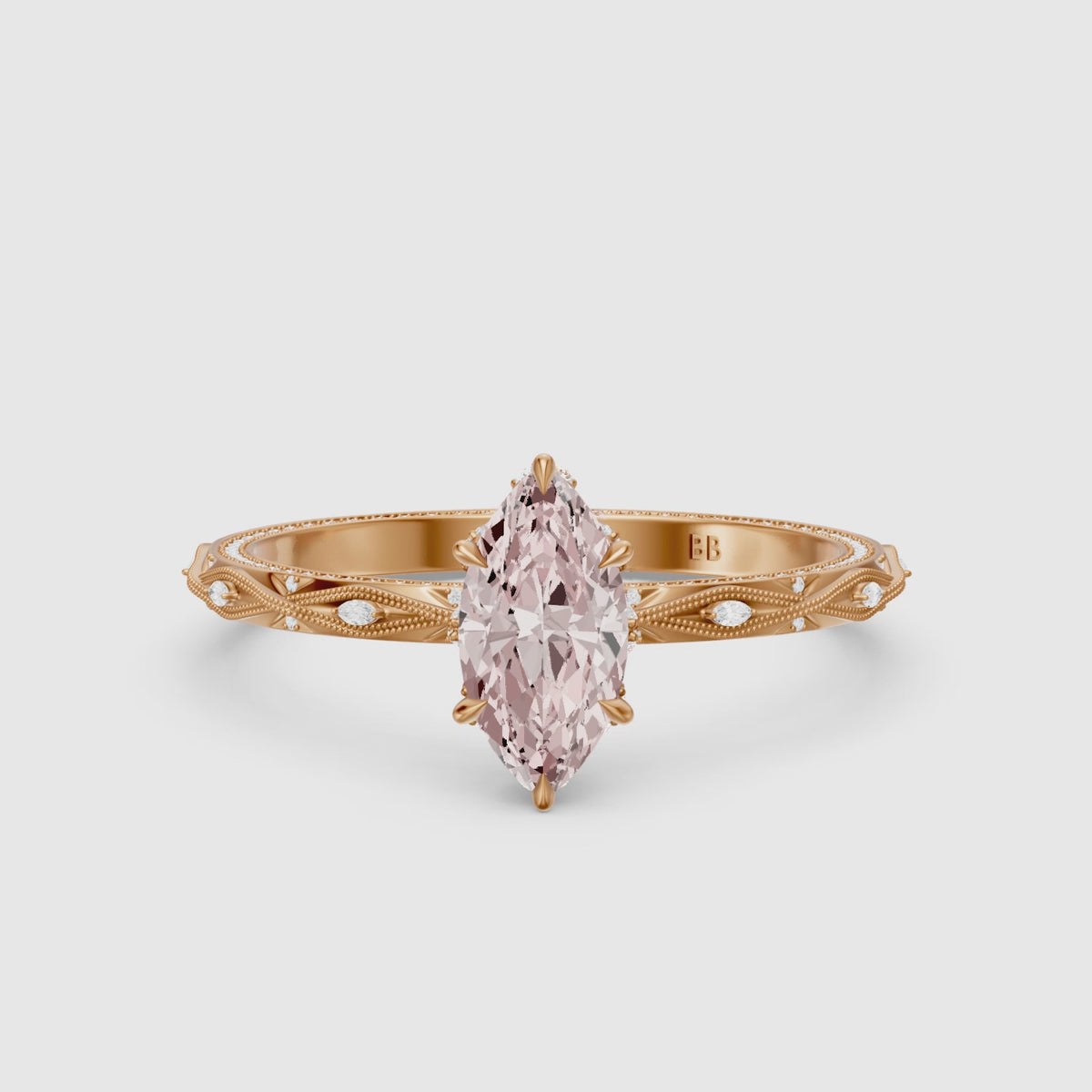 Load video: Fenella Marquise Pink Lab Grown Diamond Ornate Vintage Floral Halo Ring