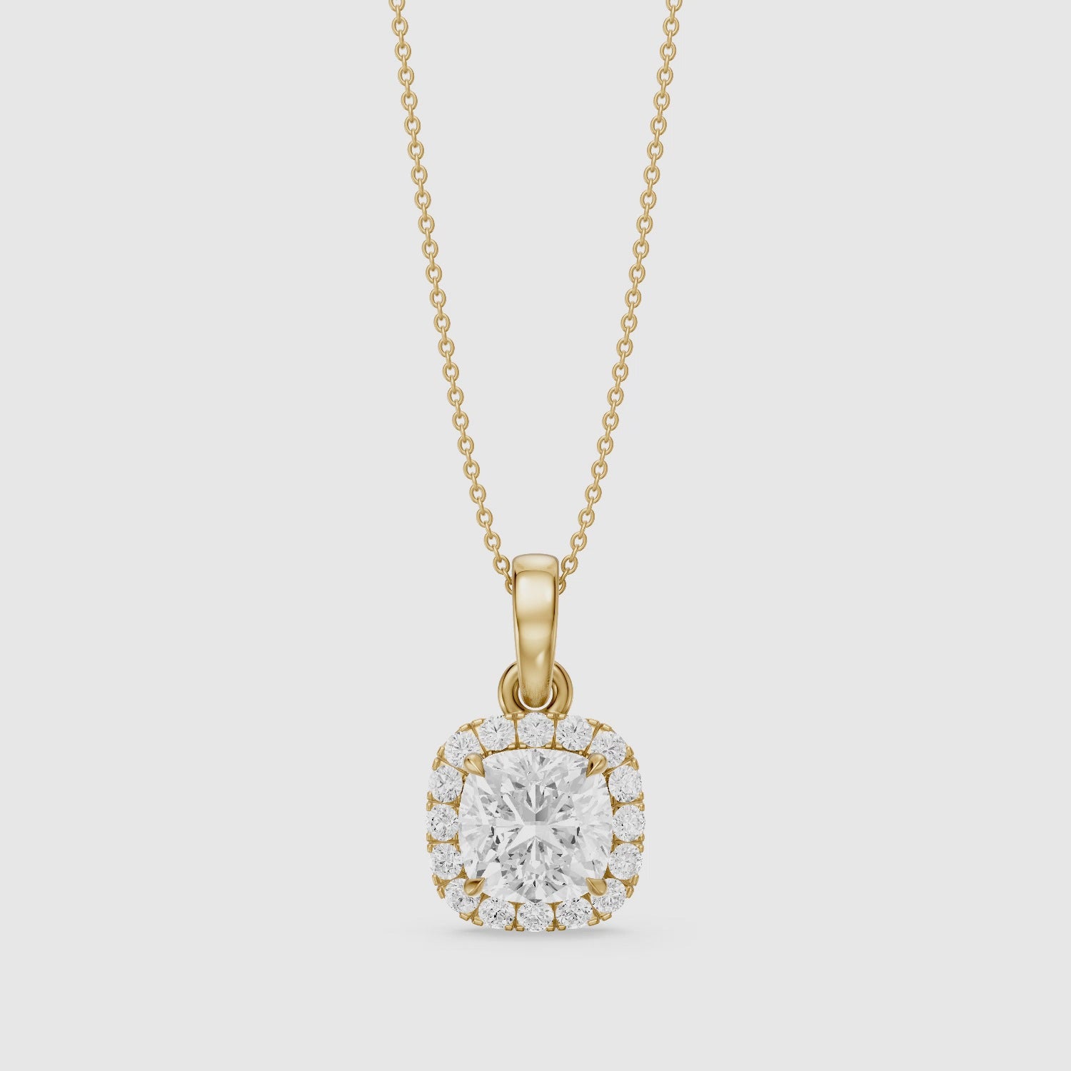 Load video: Clara Cushion Cut Lab Grown Diamond Halo Pendant