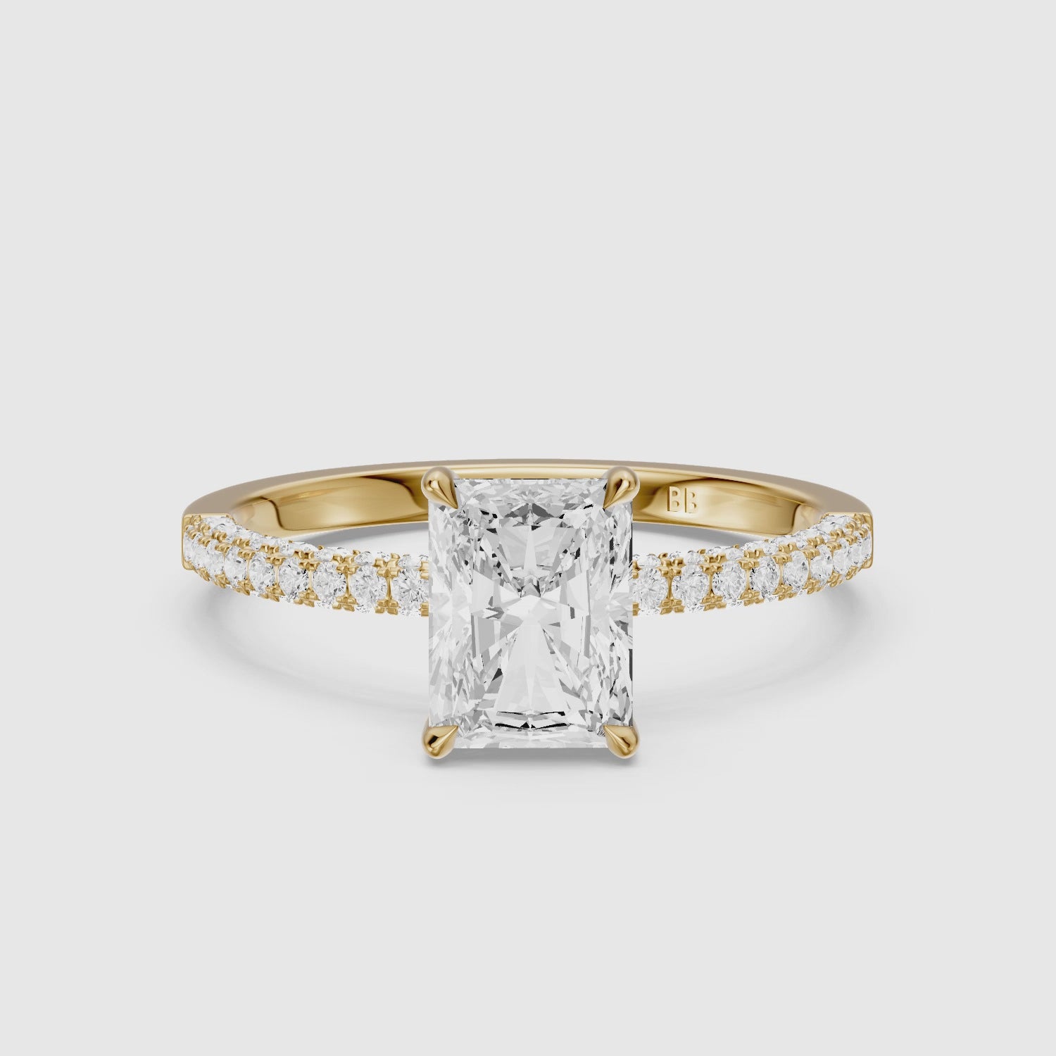 Load video: Ensley Radiant Cut Hidden Halo Three Sided Pave Lab Grown Diamond Ring